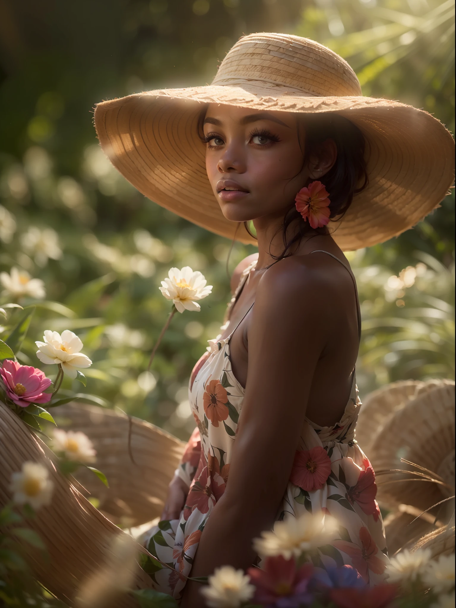 African, 22-year-old dark-skinned woman, (1girl surrounded by soft_light:1.5), (backlighting:1.8), (lighting),(flowing fabric:1.3), ((Floral_summer_dress:1.5),(Straw_hat:1.3)), (masterpiece), realistic, HDR, highly detailed, 8k, raw photo, ambient occlusion, natural, harmonious composition, warm tones, fine art photography,