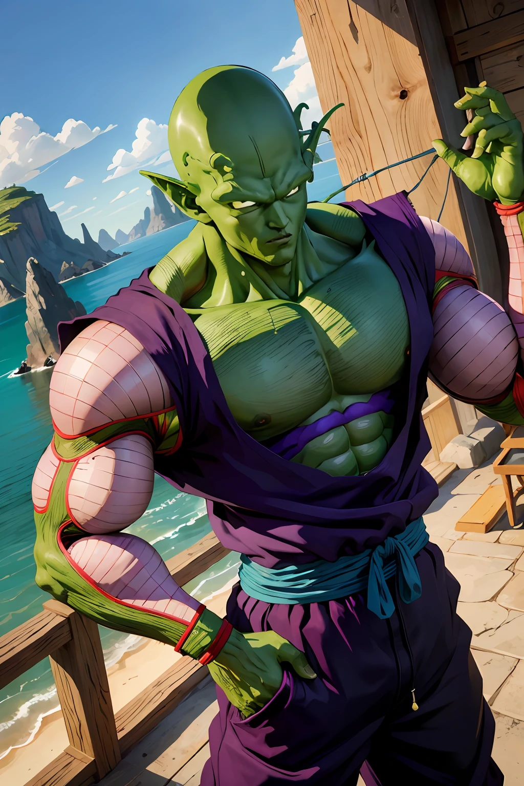 masterpiece, best quality, realistic, photorealistic, 8k,piccolo, 1boy, male focus, solo, standing, pointy ears,(purple dougi), green skin, oni horns, purple pants, closed mouth, looking at viewer, ((bald)),arms at sides,pink patches,black eyes, blue sash, rocks, grassfield