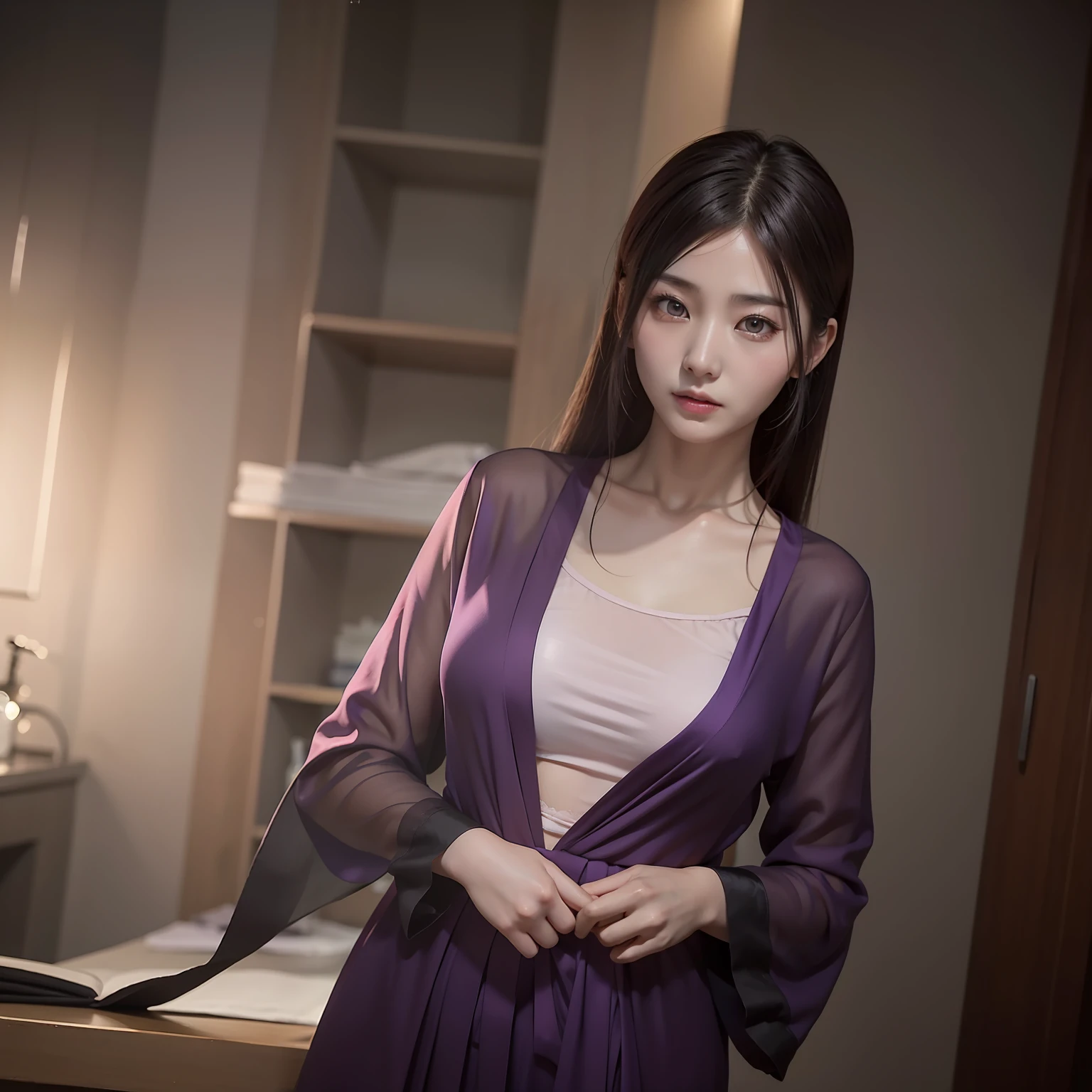 It didn't take long，Xiaoyu is back，At the moment, Not only cleanup，He also changed into a purple robe。。。。。。。。，Pink lace lingerie，Xiao Yu, The silhouette of a sturdy robe, The body is plump and delicate，The waist is as thin as a bee，Wash，Flowing black silk，Looks radiant，Beautiful extraordinary，See Xiao Nanfeng, He was fascinated。