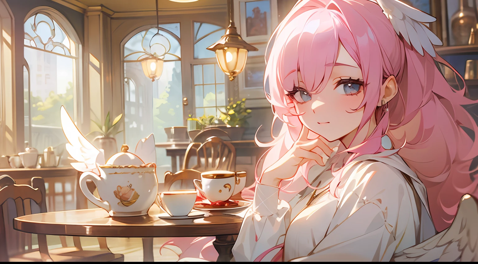 photoRealstic、Drawing of a girl with angel wings、Beautiful Angel Girl、Close one eye、Luxurious rooms in the coffee shop、Strawberry Shortcake and Coffee Set