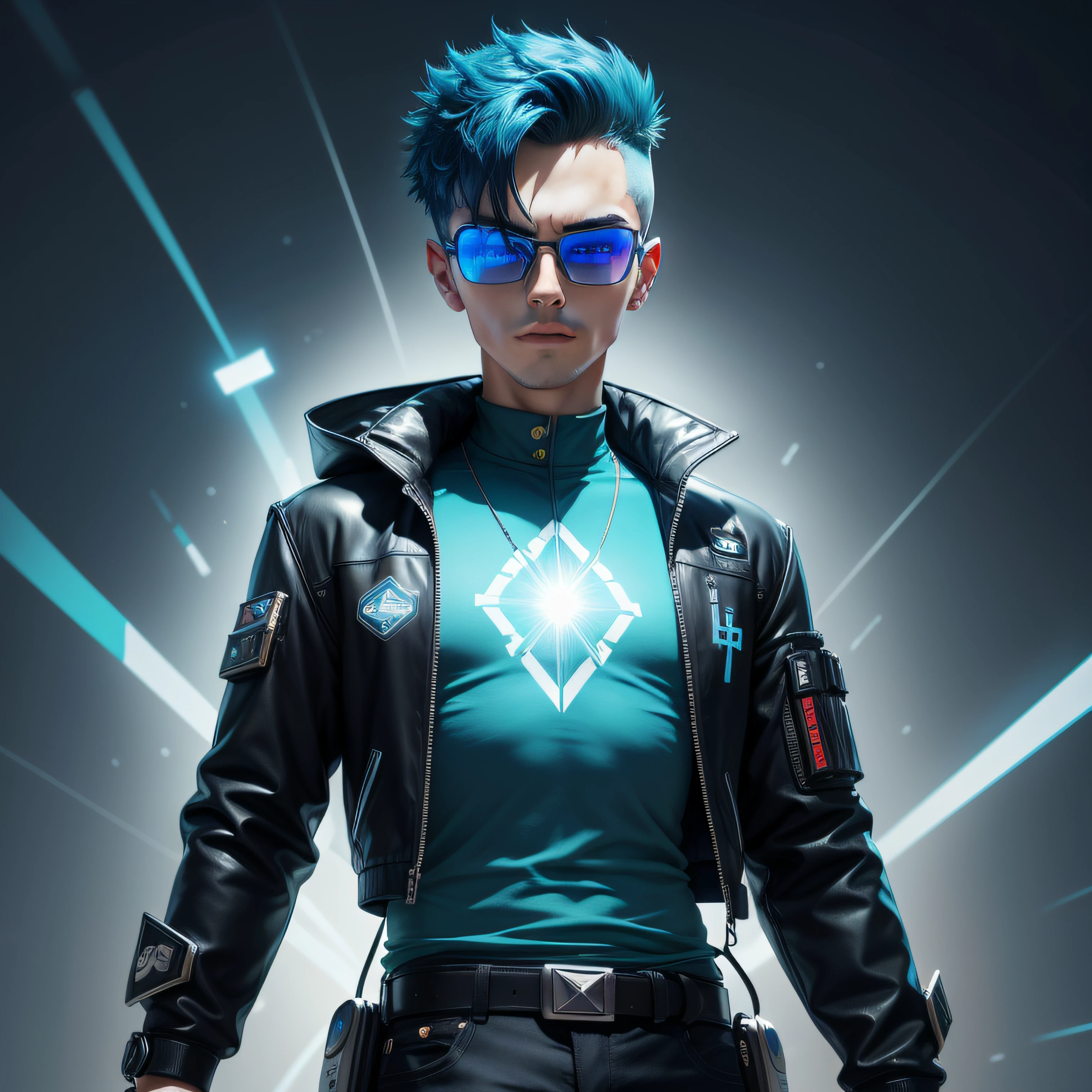 Bitzy is a man with spiky and bold hair, which stands out for its electric blue color with bright reflections. he is standing and facing. His eyes, visible behind round glasses, have a unique blend of sage and a technological aura - the holographic lenses add a futuristic touch. For the cover, a futuristic and practical design was chosen. Made from an advanced technological material, his cover has a modern look and contains subtle magical details embroidered on the edges.
Bitzy wears a geek and nerdy outfit that combines elements of lab clothing with high-tech touches. He wears a long-sleeved shirt with circuit patterns and a vest filled with pockets and gadgets. His accessories include a smartwatch strap on one of his wrists.
Bitzy holds a small futuristic magic wand that emits technological beams of light, mixing magic and science in a unique combination. papel de parede 8k extremamente detalhado, melhor qualidade, rosto detalhado, ultra-detalhado, foto crua, realista,