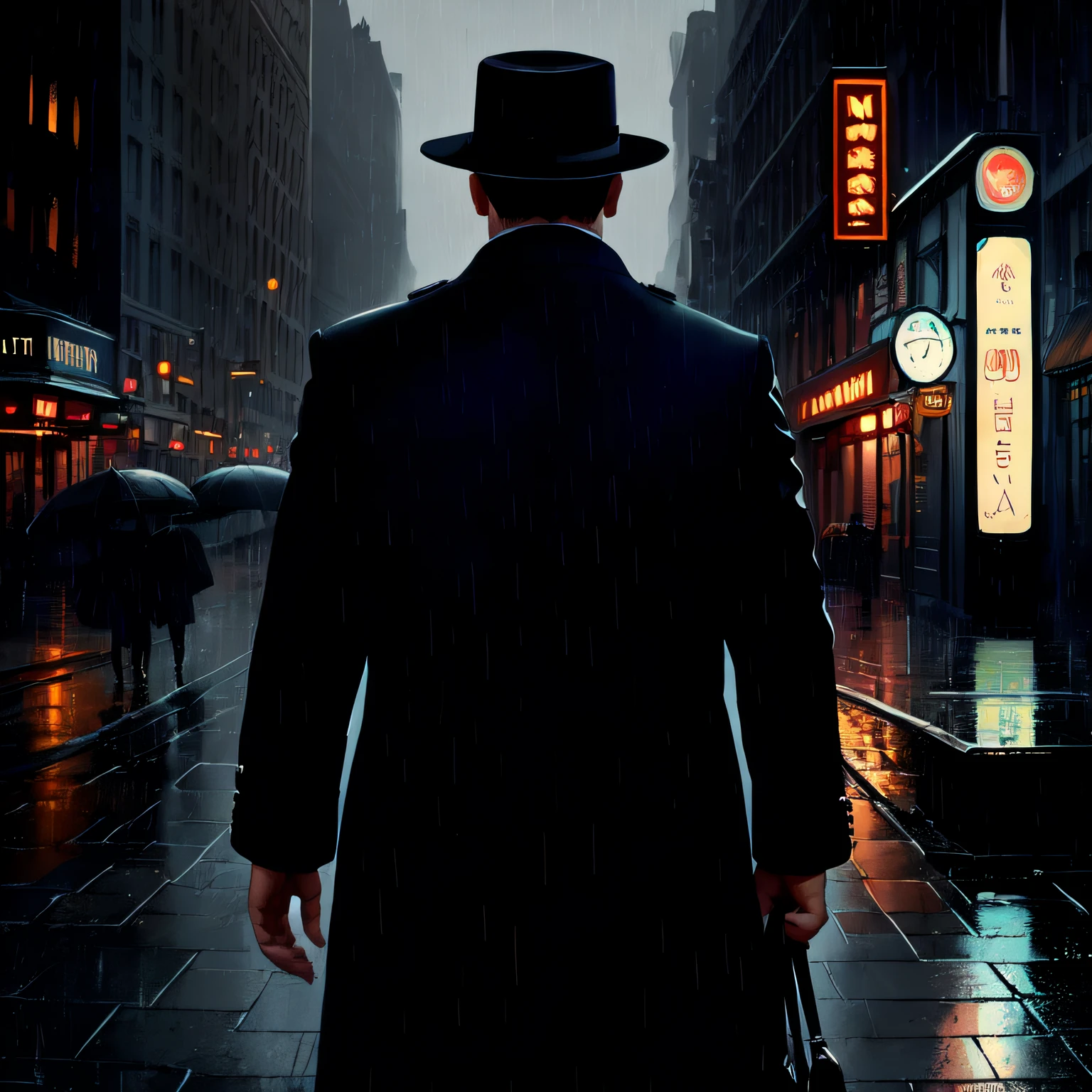 (masterpiece,best quality: 1.2), ultra-detailed face, (muted colours:1.2, dark studio, rim lighting, two tone lighting, dimly lit, low key, ), ((heavy rain weather)),long leather rain coat,
a poster for a 1930s \(style\), noir detective movie,(noir atmosphere:1), gloomy atmosphere,night city street, emphasis on noir colors,
It was a typical night in the city of New York in the 1930s, and Detective Jack Sullivan was feeling the weight of the world on his shoulders. He had just returned to his office after a long day of pounding the pavement, trying to solve the latest case that had been thrown his way. It was a tough one, and he was no closer to finding the perpetrator than he was when he started,
trending on ArtStation, trending on CGSociety, Intricate, High Detail, dramatic, photorealistic painting art by midjourney and greg rutkowski,