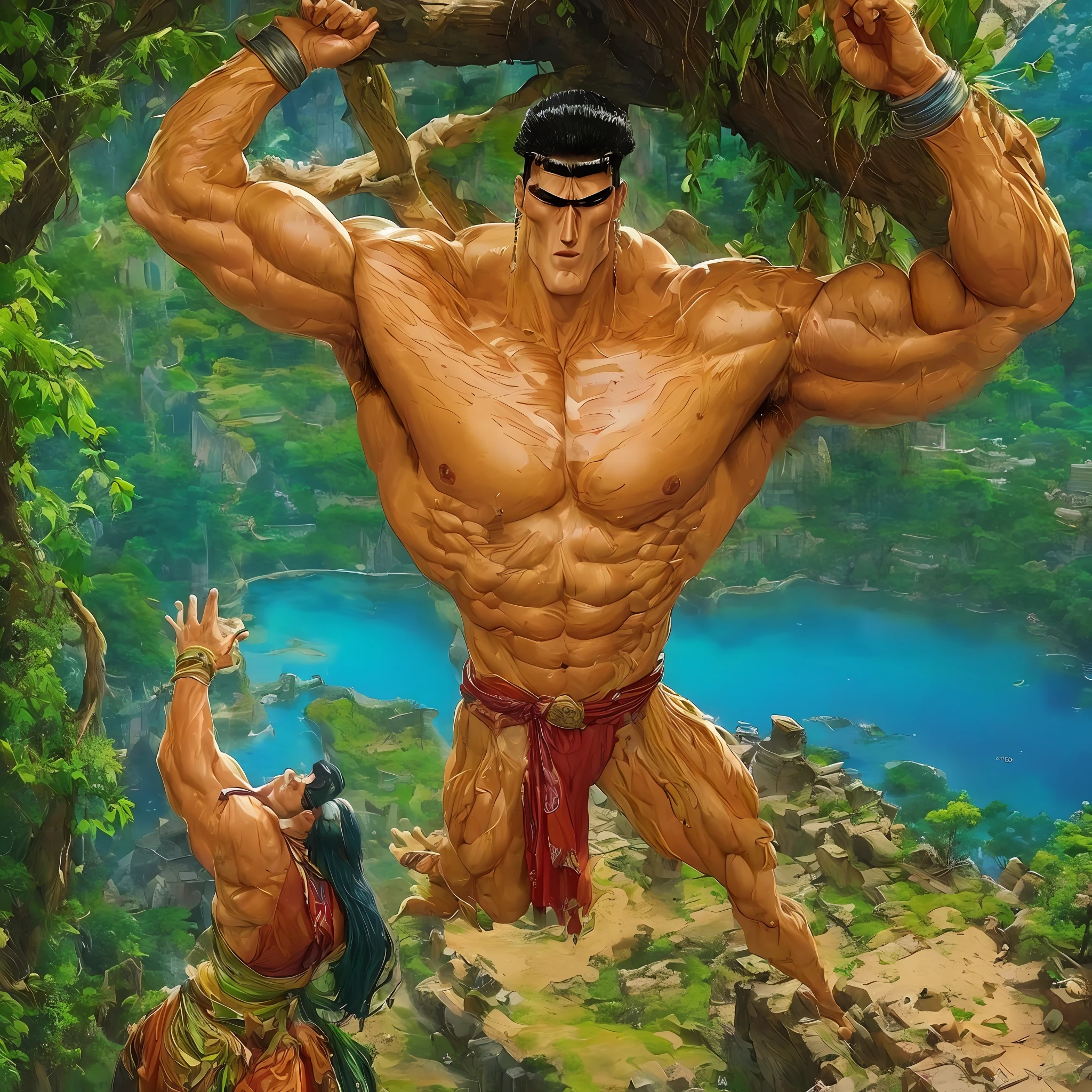 ((melhor qualidade)), ((obra-prima)), (detalhado), Toguro Conan, the Barbarian, is imposing in an ancient lost city. Corpo perfeito cinzelado, rosto insanamente bonito e masculino. Sunlight highlights his muscles and scars. The scenery is lush and mysterious, with ruins and vegetation. The camera details everything.