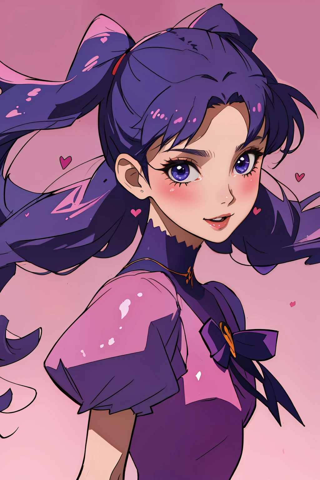 obra-prima, melhor qualidade, ultra-detalhado, absurdres, 1girl, solo, (olhos azuis: 1.0), (cabelo roxo, gradient hair, franja romba, twintails: 1.0), olhos detalhados, olhos tristes, Cilia, (sorriso: 0.8), peito grande, (vista lateral: 0.5), parte superior do corpo, ao ar livre, horizonte, tema rosa, roupa colegial, roupa sailor moon, saia curta, roxo, Heart, (fundo gradiente: 0.8), adesivos de blush, head tilt,
