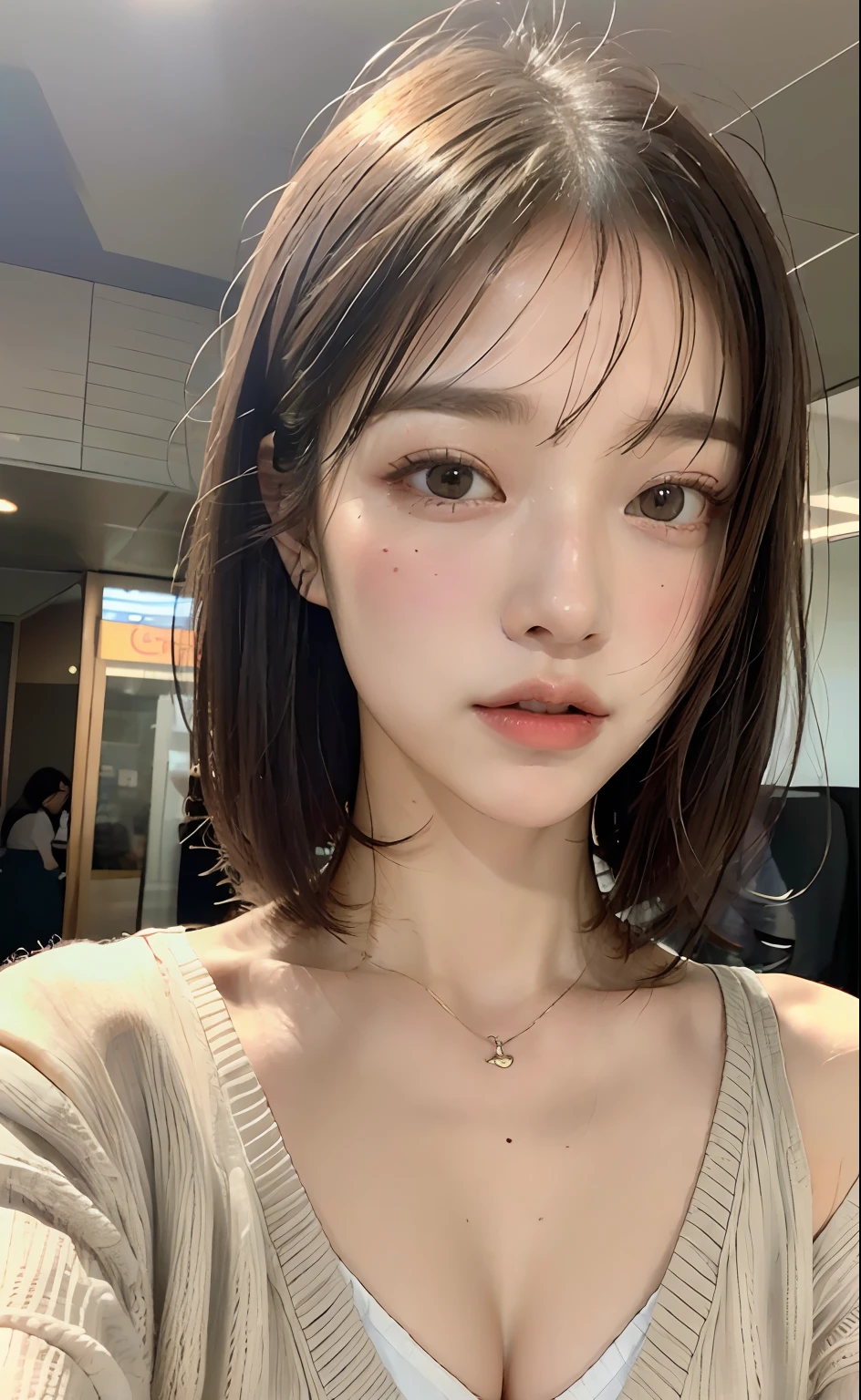 ((top-quality、8K、masterpiece:1.3))、Beautuful Women、1girl in、(cute little)、Slender Abs:1.1、White button shirt、((short-hair))、hyperdetailed face、very detailed lips、A detailed eye、二重まぶた、(well-groomed bangs.1.3)、dark brown hair、big eye、enticing lips、The corners of the mouth rise、Black eye、Street、cute wan asian face, the face of a beautiful Japanese girl, with short hair with bangs,, white hime cut hairstyle、Slender eyes、cardigan、off shoulders、