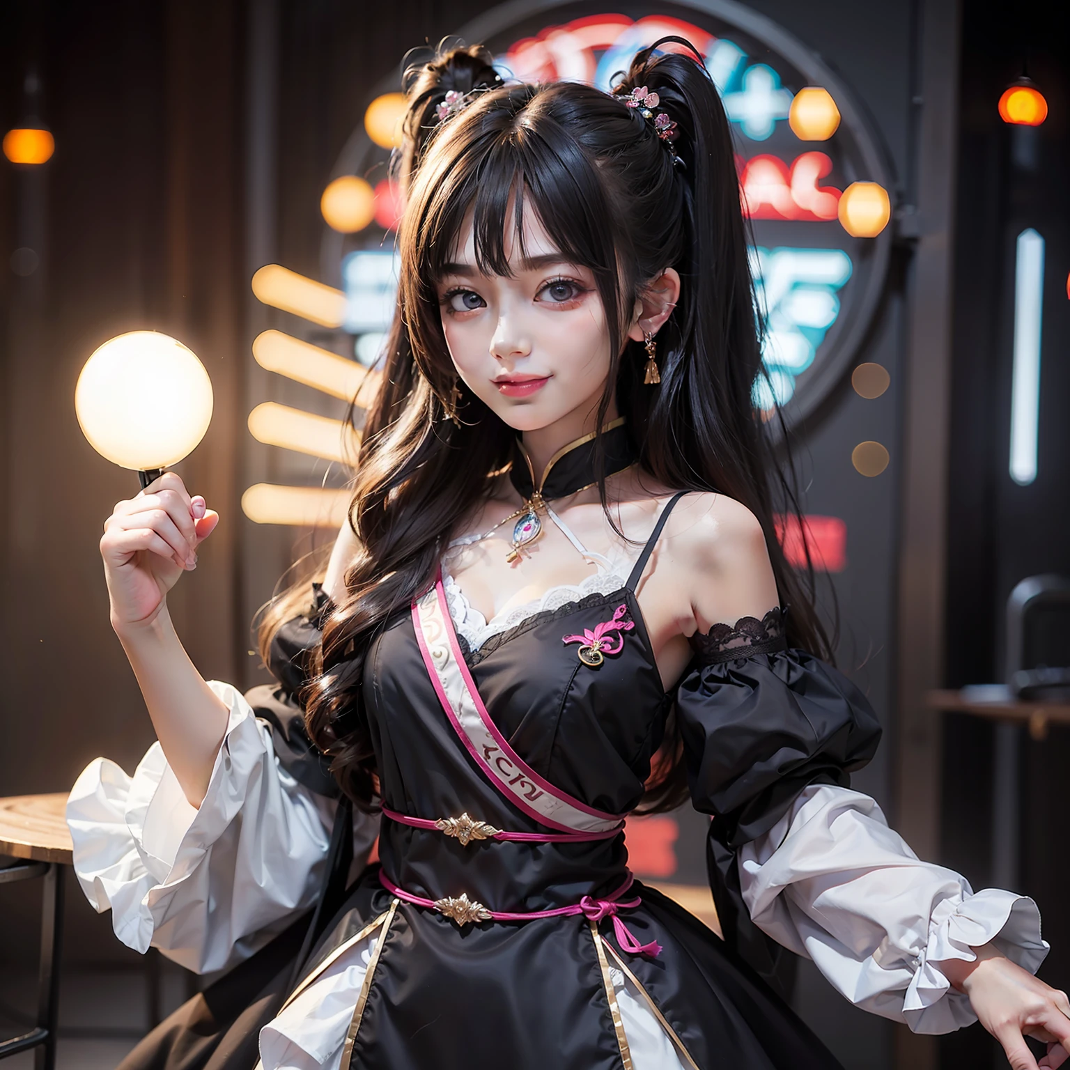 Professional filming、profetional lighting、top-quality、Twin-tailed、A dark-haired、16yo girl、Short stature、(one girls)、(Fine eyes、Smaller face)、Cute smile、beautiful countenance、Idol Costumes