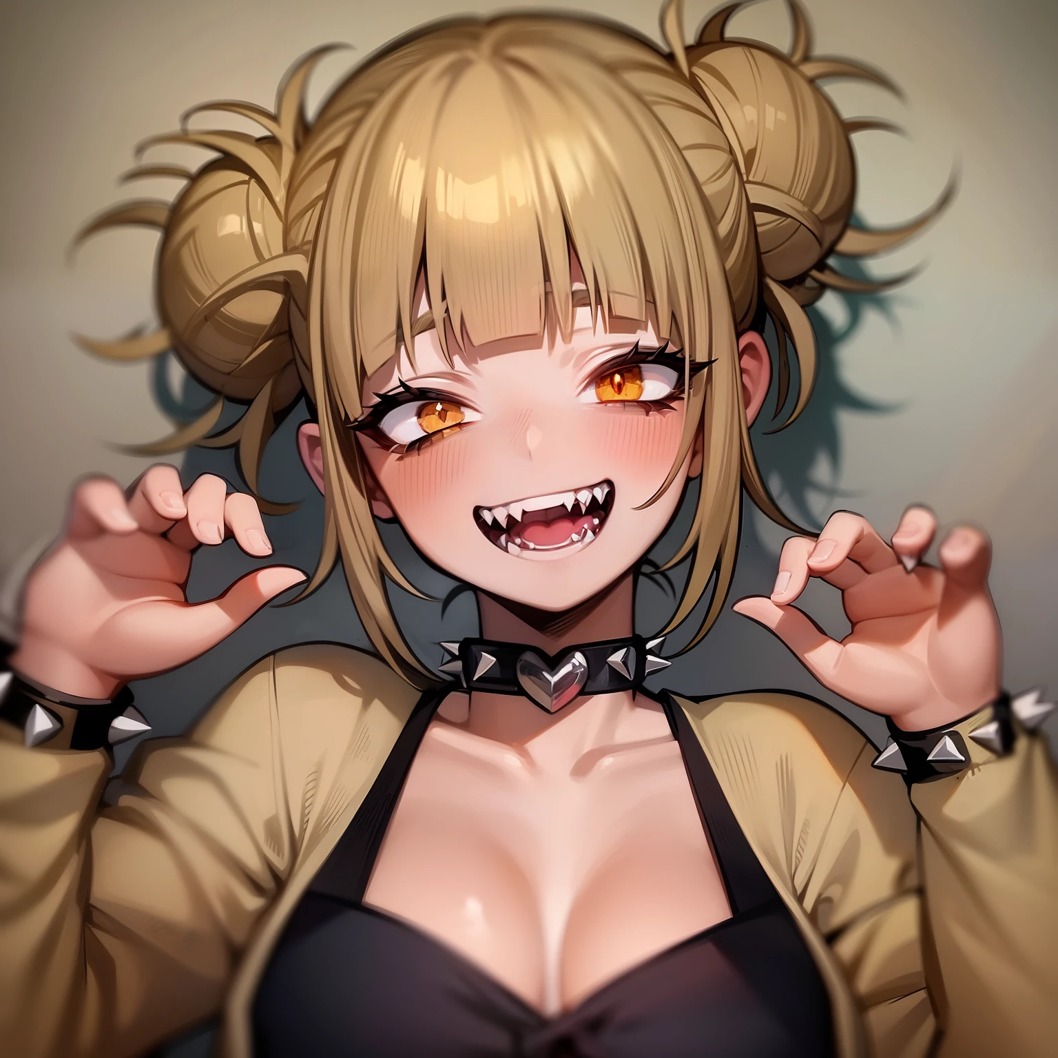 masterpiece, top quality, best quality, 1girl, Toga, (fangs), (unusual pupils), (smile), messy hair, (spikey choker), crazy blushing,