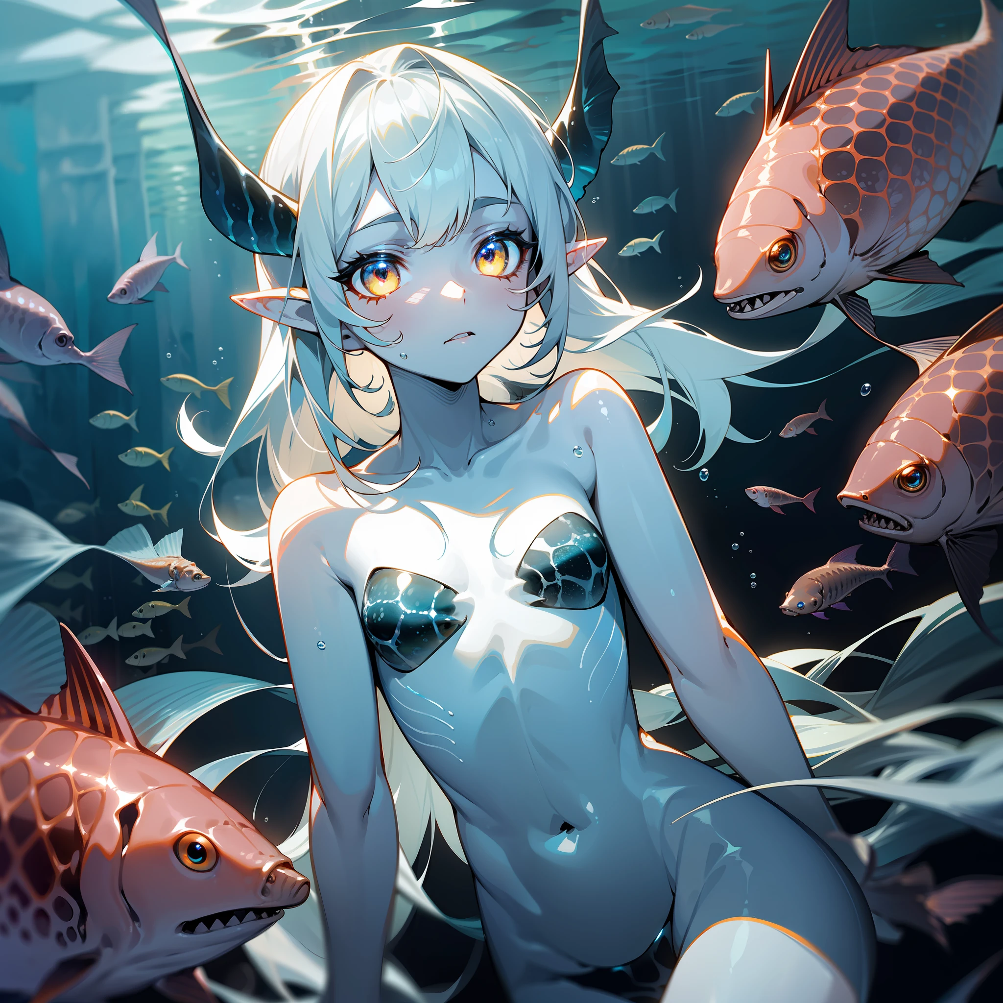 young girl, (((slim body))), ((slender body)), (((flat chest))), slim waist, (((deep sea))), (((darkness))), ((dark background)), (((underwater))), (((deep sea fish in the background))), ((anglerfish)), sharks, (((bioluminescence))), glowing white eyes, ((silver eyes)), white hair, (((white-skinned))), ((shiny skin)), glittery skin, ((glowing speckles on skin)), (big eyes), creepy, (pointy ears)