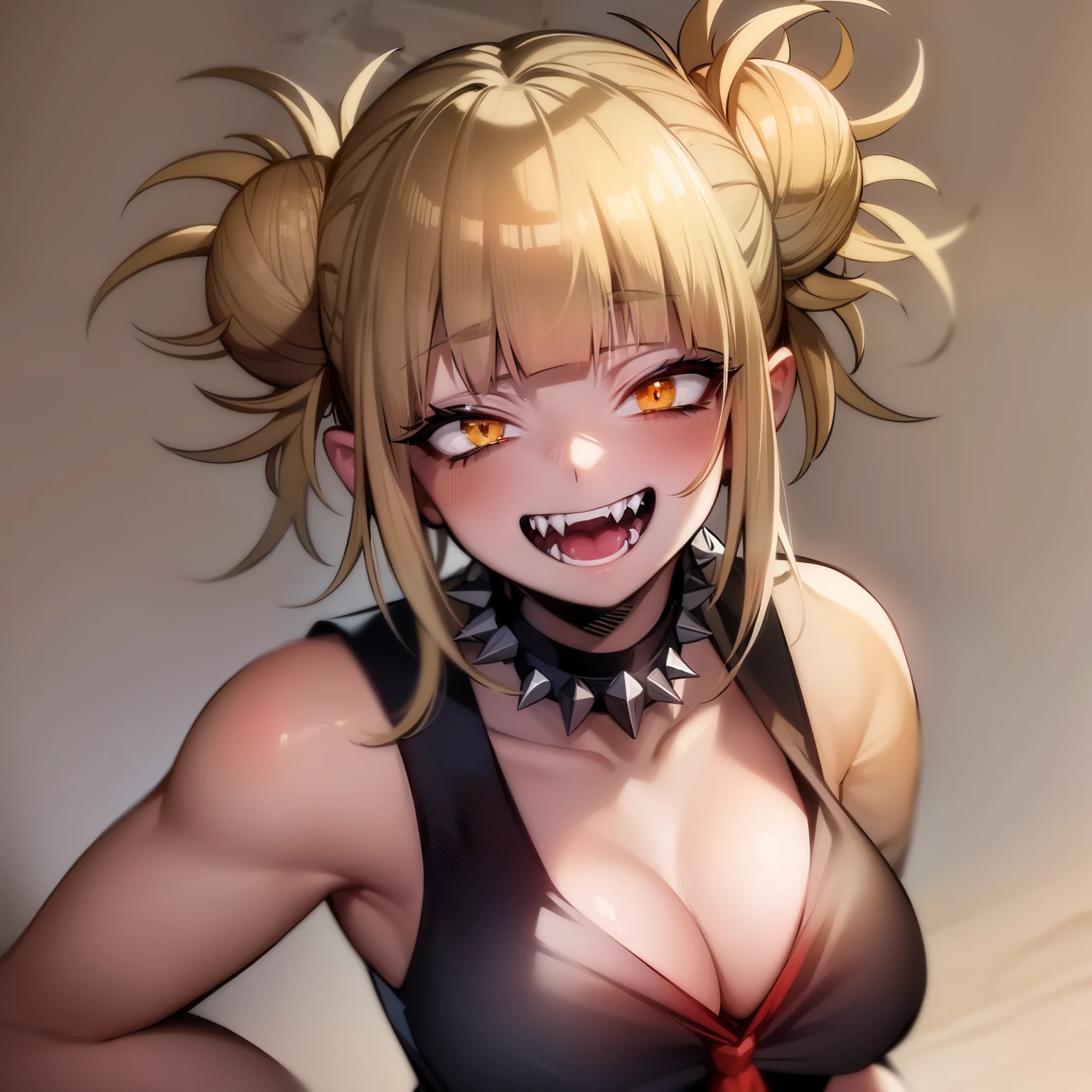 masterpiece, top quality, best quality, 1girl, Toga, (fangs), (unusual pupils), (smile), messy hair, (spikey choker), crazy blushing,