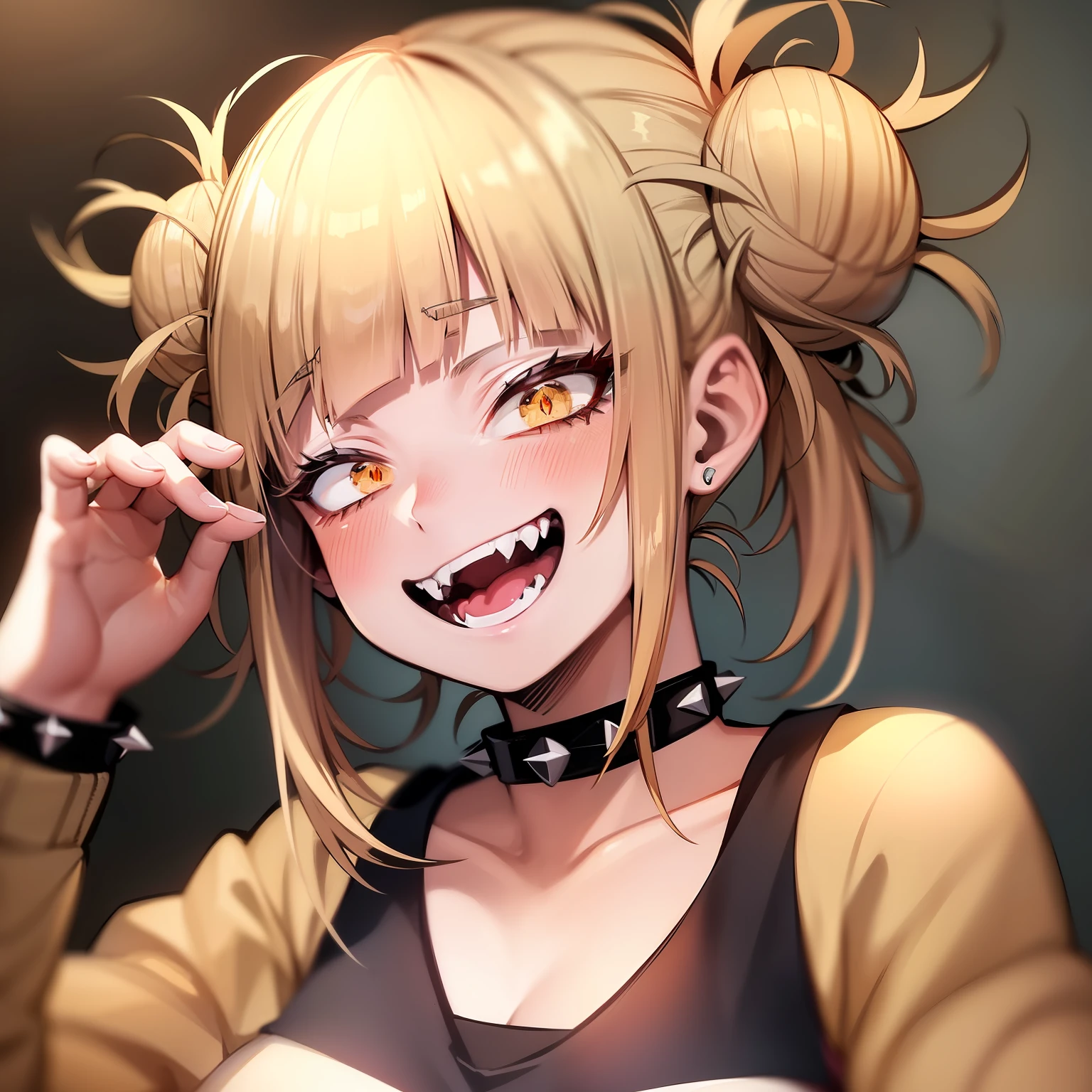 masterpiece, top quality, best quality, 1girl, Toga, (fangs), (unusual pupils), (smile), messy hair, (spikey choker), crazy blushing,
