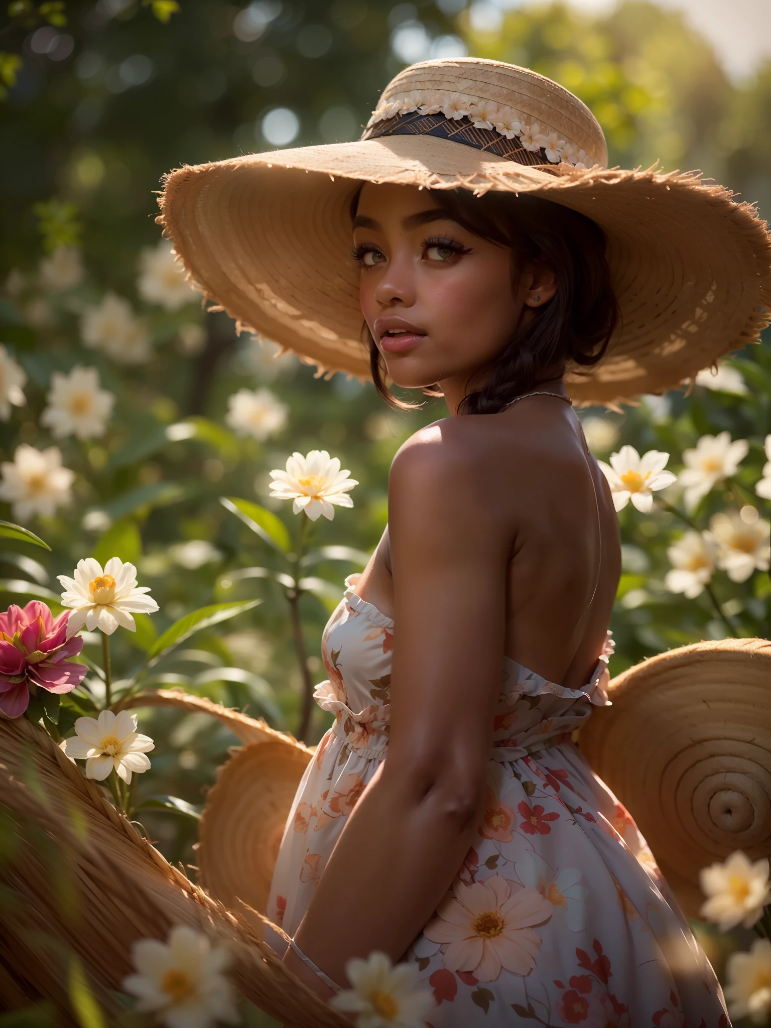 African, 22-year-old dark-skinned woman, (1girl surrounded by soft_light:1.5), (backlighting:1.8), (lighting),(flowing fabric:1.3), ((Floral_summer_dress:1.5),(Straw_hat:1.3)), (masterpiece), realistic, HDR, highly detailed, 8k, raw photo, ambient occlusion, natural, harmonious composition, warm tones, fine art photography,
