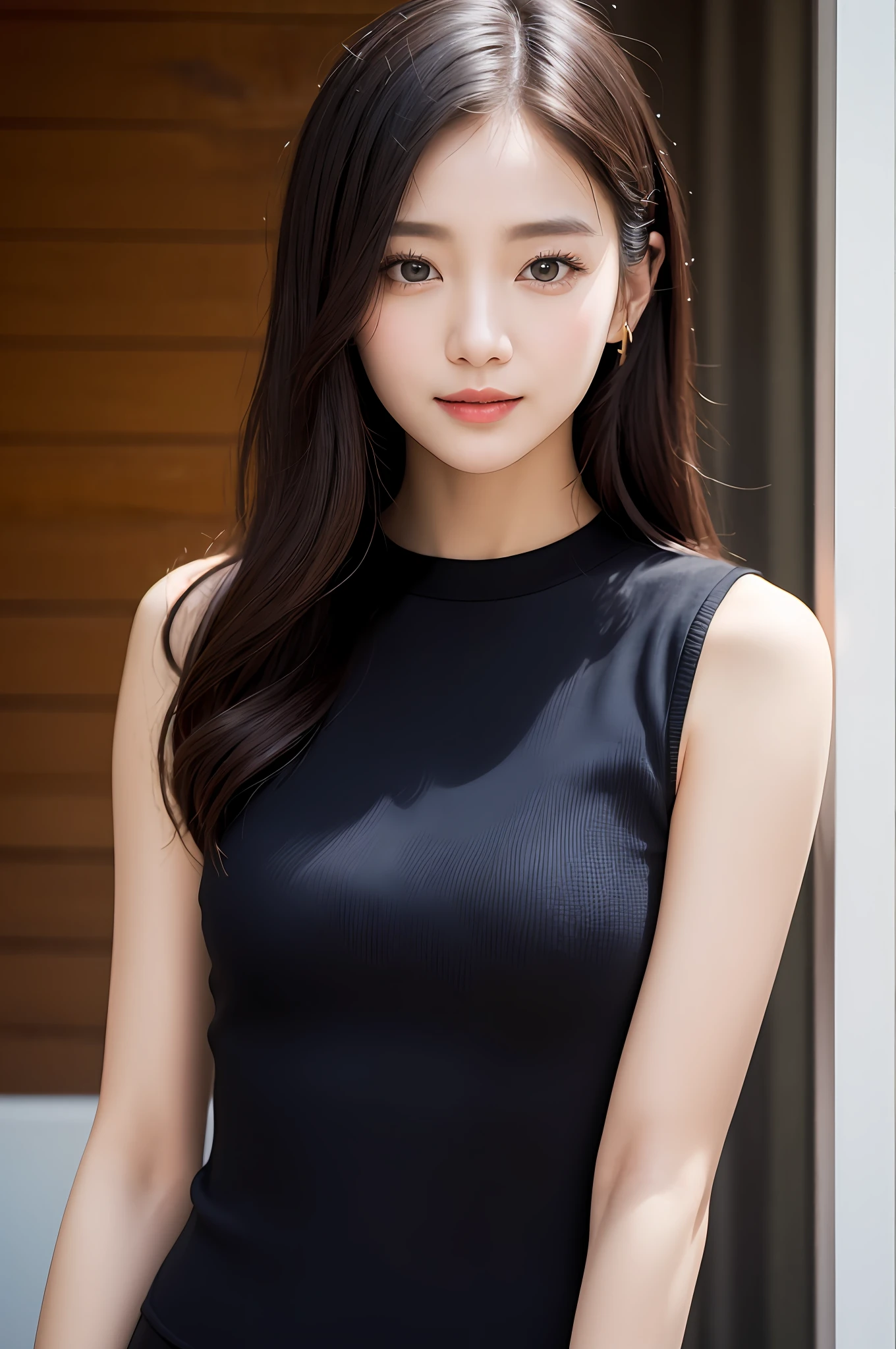 ((best qualtiy、8k masterpieces:1.3))、foco nítido:1.2、(ultra beautiful faces:1.0)、(Slender Abs Beauty:1.0)、(shinny skin:1.0)、photos realistic、A dark-haired、Video Lighting、High-definition eyes and face、Video Lighting、(cowboy shot:1.3)、White swimwear、(Korean Cute Actress)、from the front side、medium large breasts、A slight smile、Sleeveless