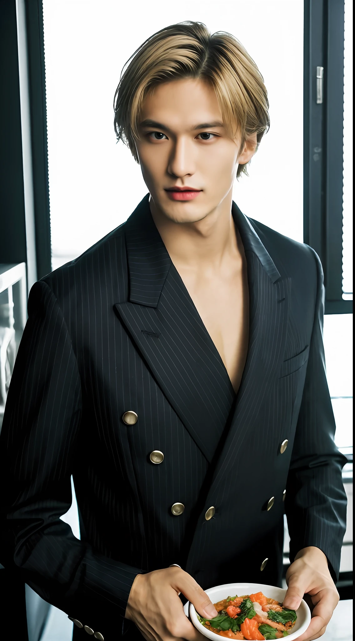 ((best quality)), ((ultra res)), ((photorealistic)), (intricate details), 21 year old man, perfect face, light on face, face detail, in kitchen , blonde wavy short hair, One man , Vinsmoke Sanji from the anime One Piece by Eichiro Oda , tall , slender man , long-legged , Grey-blue eyes , Attractive , has curly eyebrows , Strong jawline , Pointed nose , ((wears a black, double-breasted suit with a tie and a long-sleeved, buttoned shirt black with or without pinstripes)) , sports a dark goatee, and stubble on upper lip , hair cover one side of his face , one man , masculine, realistic, best quality , fair skin , handsome man , smirks , cooking , ultra high resolution , sharp look , small waist , eye detailed