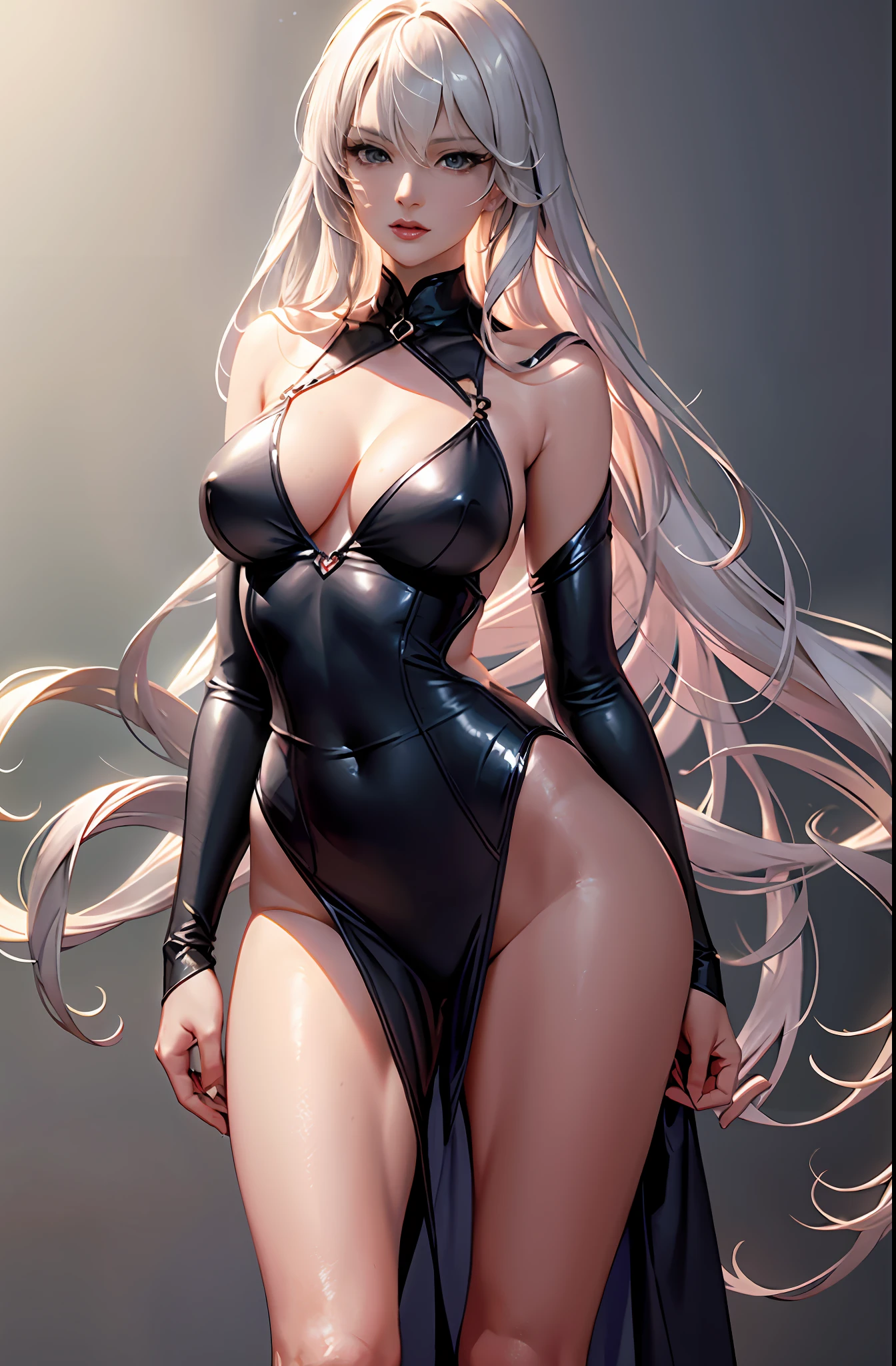 Master anime work, impeccable masterpiece, a sexy mature modern woman standing on a pure white background in sexy modern professional clothing, flowing silver hair, full body standing, slender legs, straight breasts, detailed face details, natural and beautiful standing, vivid and real body details, perfect abdomen