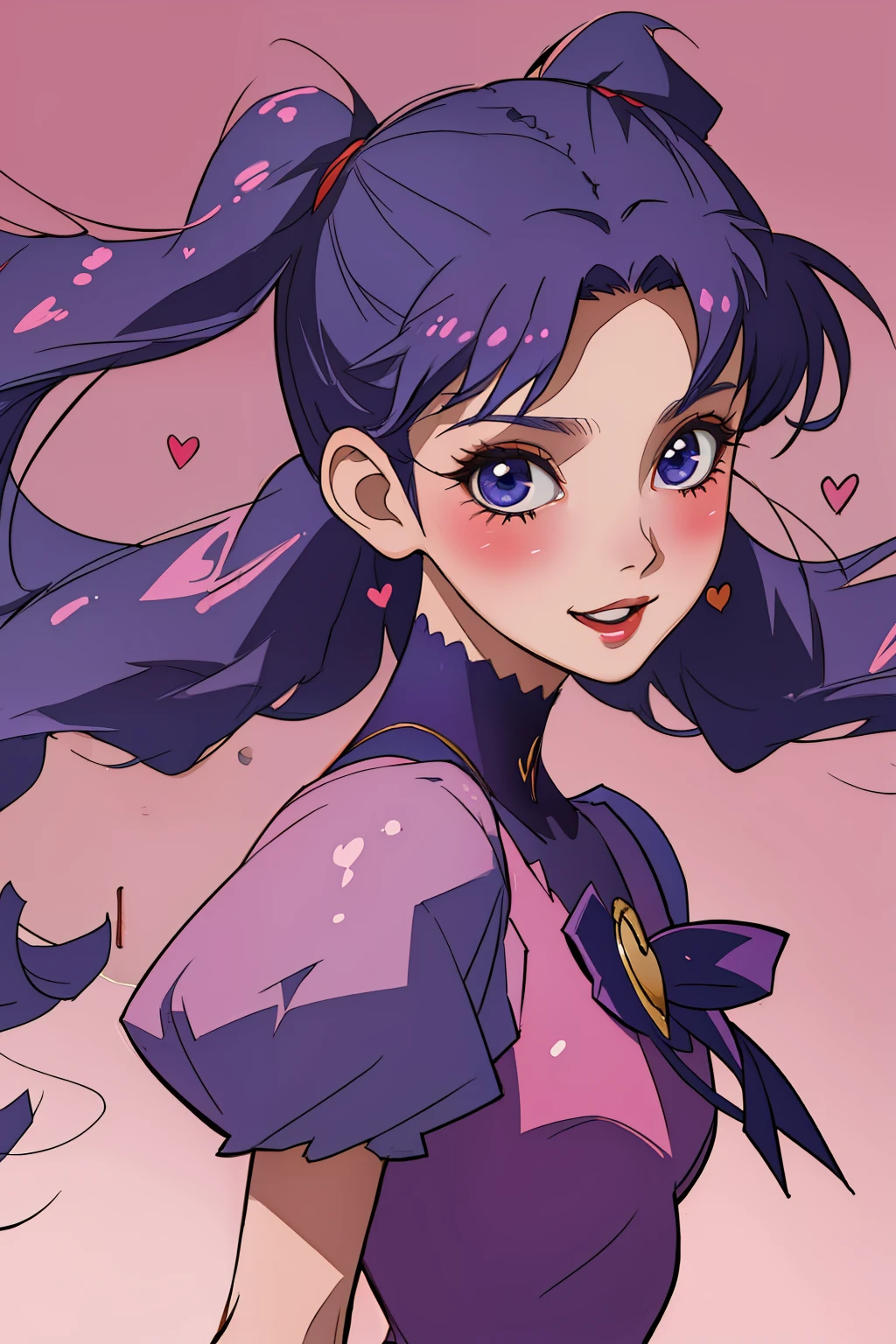 obra-prima, melhor qualidade, ultra-detalhado, absurdres, 1girl, solo, (olhos azuis: 1.0), (cabelo roxo, gradient hair, franja romba, twintails: 1.0), olhos detalhados, olhos tristes, Cilia, (sorriso: 0.8), peito grande, (vista lateral: 0.5), parte superior do corpo, ao ar livre, horizonte, tema rosa, roupa colegial, roupa sailor moon, saia curta, roxo, Heart, (fundo gradiente: 0.8), adesivos de blush, head tilt,