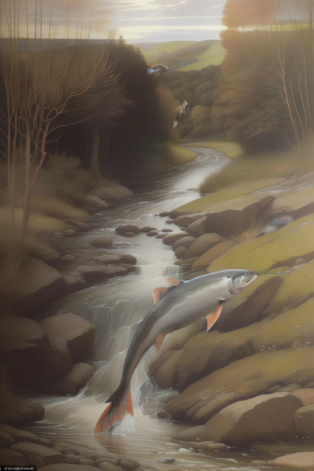(((Pre-Raphaelite painting of a salmon jumping into a river in Ireland)))