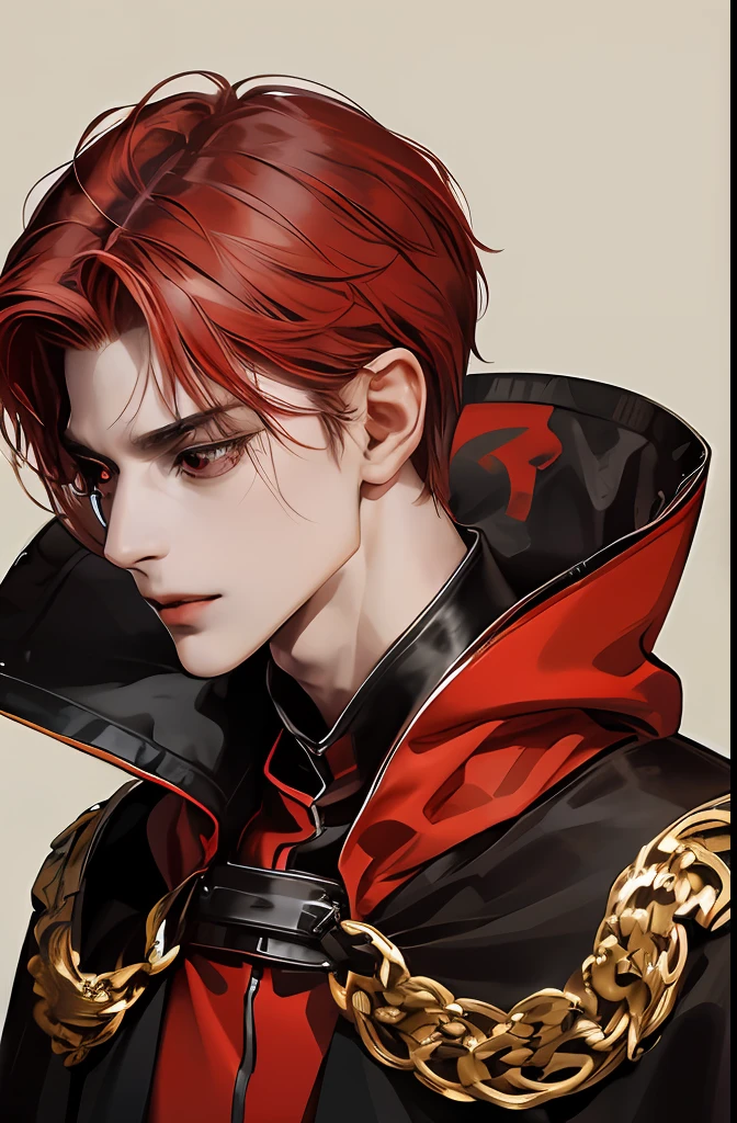a drawing of a 20 year old 6'5, red short hair, red eyes, ((tan skin)), wizard outfit, cloak, portrait of man with red short hair by artgerm, dreamy and ethereal, expressive pose, red eyes, sadistic expression, fantasy, intricate, elegant, dark and moody smoke, highly detailed, digital painting, artstation, concept art, smooth, sharp focus, illustration, black and red clothes, cloak, tan skin, fire