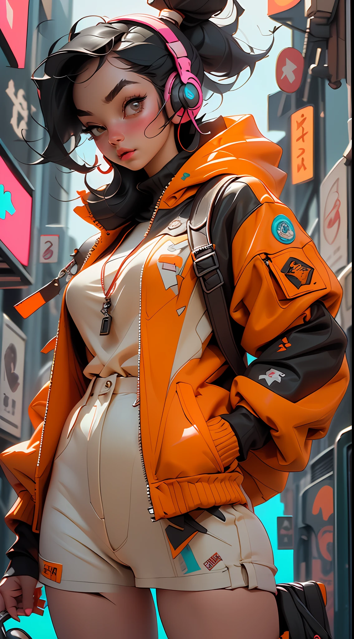 ((Best quality)), ((masterpiece)), ((realistic)) and ultra-detailed photography of a 1nerdy girl with neon headphones. She has ((black hair)), is wearing an orange techwear jacket, and exudes a ((beautiful and aesthetic)) vibe.