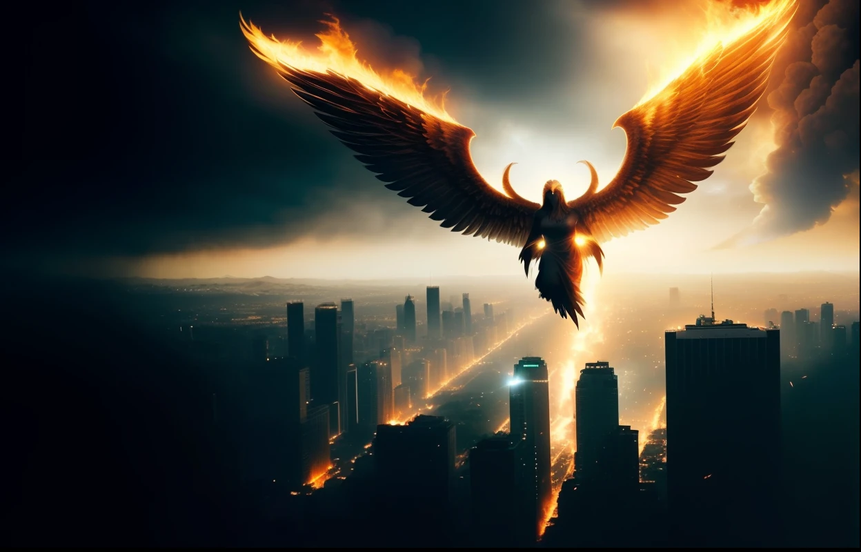 A dark angel flying over a city with a fire in the sky, phoenix rising from the ashes, Amazing, phoenix rising, arcanjo, Anjo no inferno, anjo escuro, angels and demons, breathtaking art, phoenix, asas em chamas, ''wallpaper of a phoenix, grande)}], angel watching demon, apocalyptic art, com asas douradas ardentes de chama, arte do apocalipse!!!!