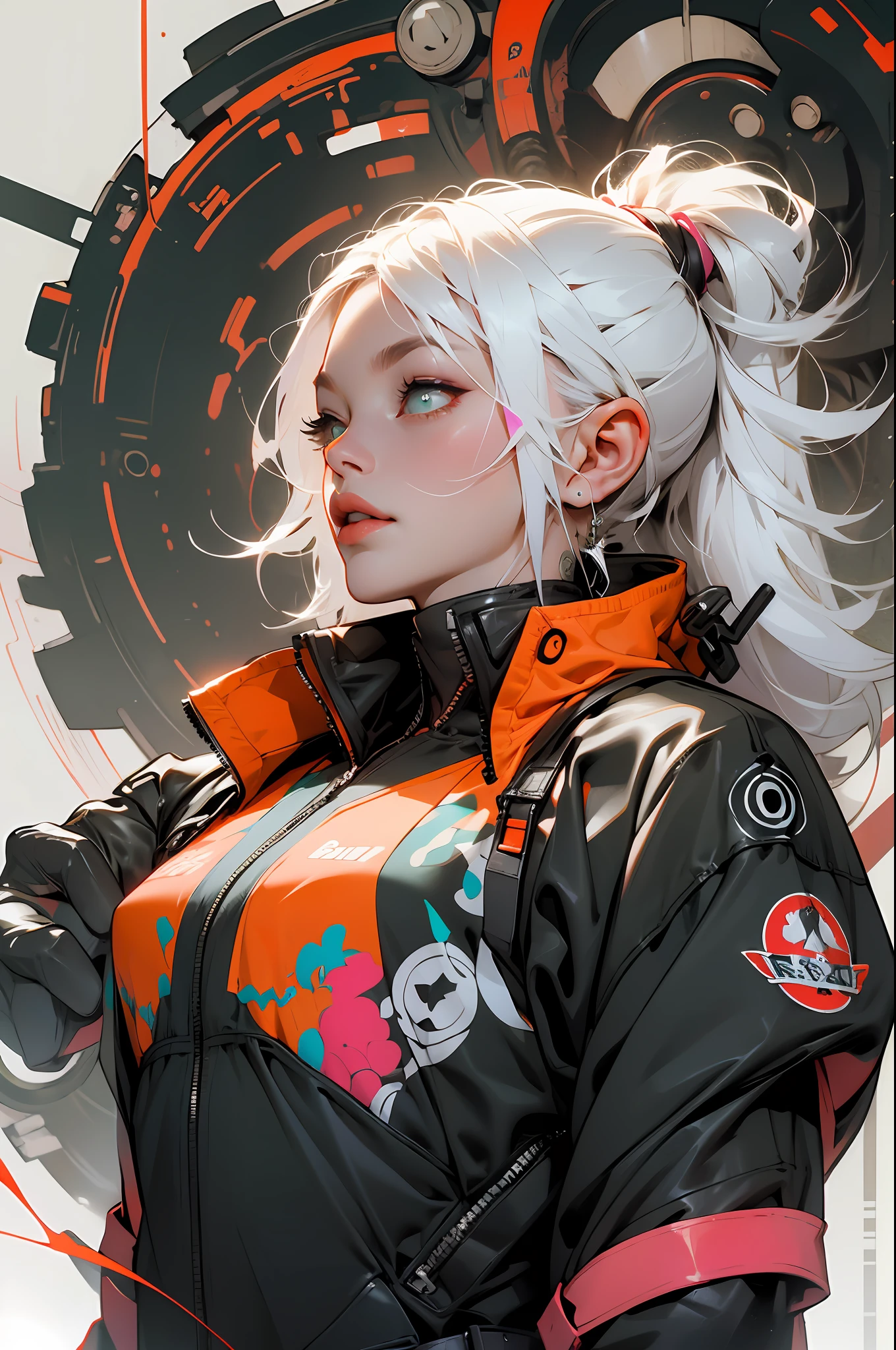 orange, pink, white, green, (white hair woman),tattoos, (techwear clothes:1.1),abstract lines and circles background