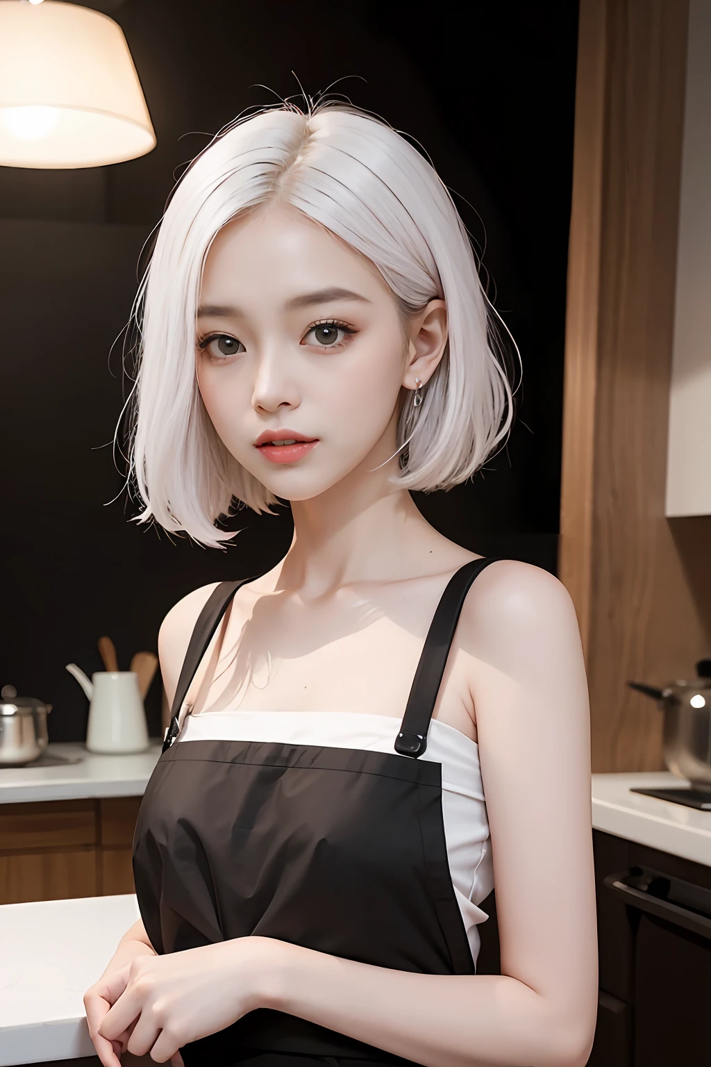 Top image quality、Raw photography、超A high resolution、16-year-old Korean、Culinary apron、Black Apron、flat round chest、a short bob、shiny white skin、Beautiful eyes with random colors、very thin lips、Beautiful eyes in every detail、elongated eyes、pale pink blush、long eyeslashes、Beautiful double eyelids、eyeshadows、bright white hair、Black walls、kitchin、Cafe kitchen、Cafe counter table,