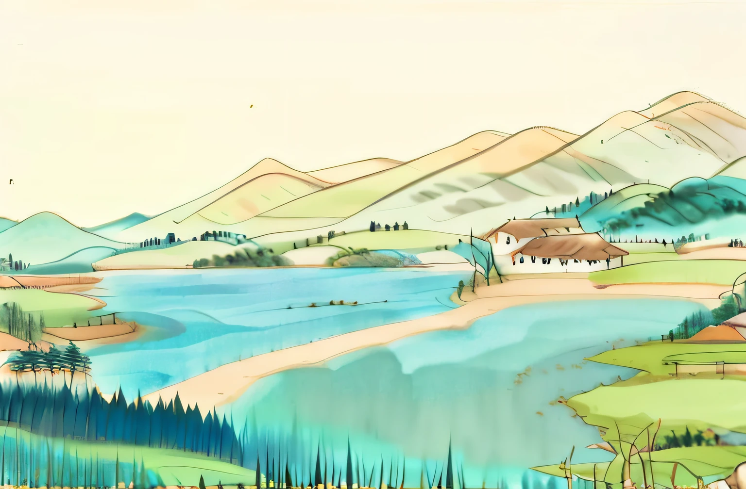 There is a picture of a painting of a rural landscape, distant village background, Landscape illustration, of a small village with a lake, illustration!, anime countryside landscape, soothing and cozy landscape, animation illustrative style, random background scene, animated still, inspired by Emiliano Ponzi, Countryside, serene illustration, environment design illustration, in a scenic background, landscape in background