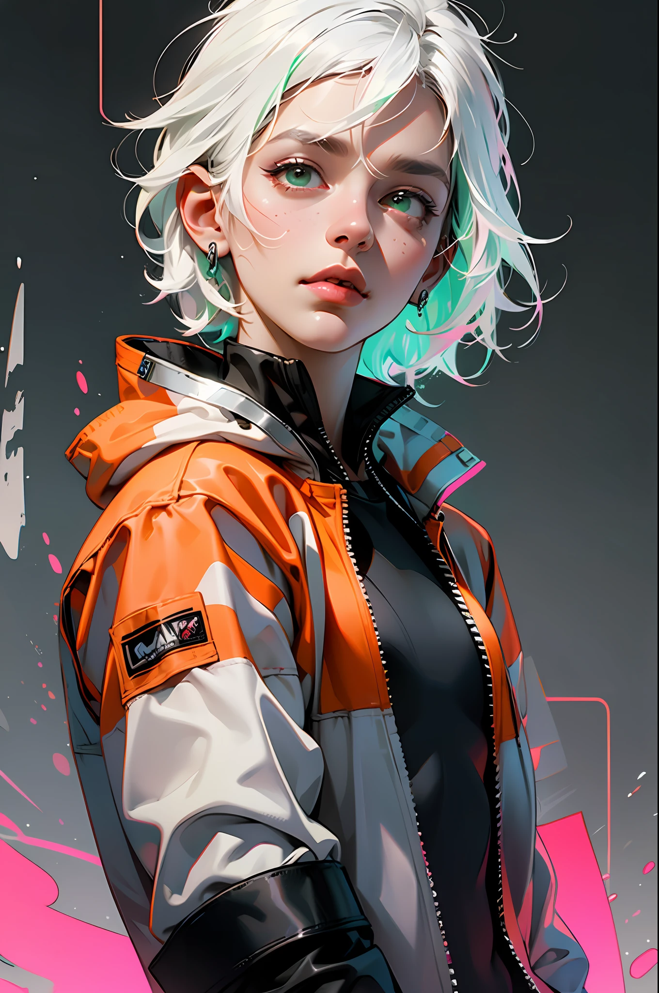 orange, pink, white, green, (white hair woman),tattoos, (techwear clothes:1.1),abstract lines and circles background