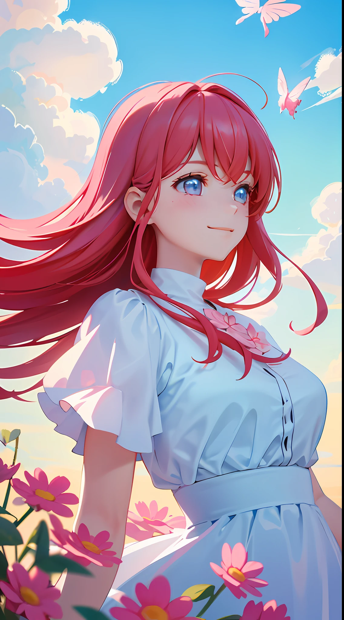 Masterpiece, Best Quality, Movie Stills, 1Girl, Floating in the Sky, Cloud Girl, Clouds, (Close-up: 1.1), Bright, Happy, Funny, Soft Lighting, Pale Rio red Hair, Smile, pink butterfly and flowers