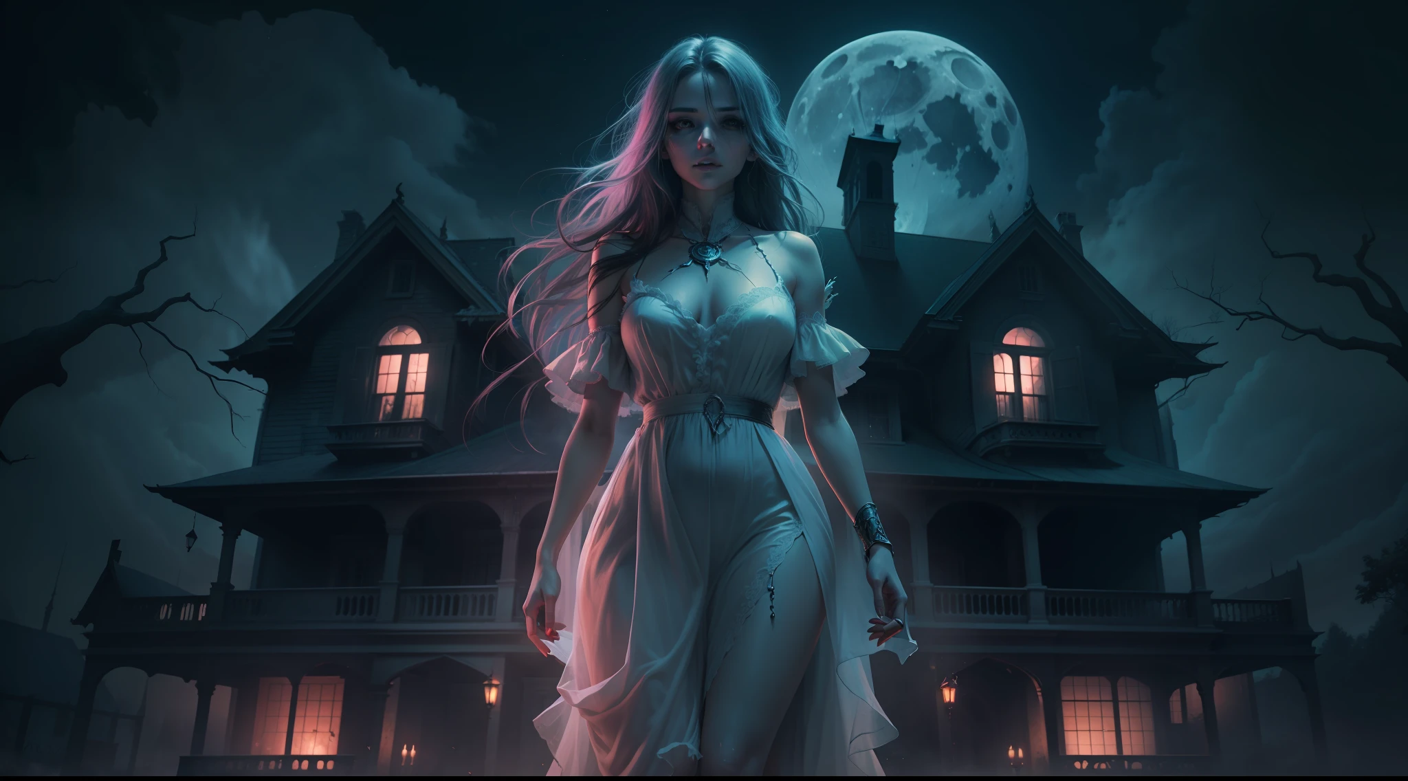 A sexy female ghost, angelical face, entire body, perfect anatomy, haunted house back, a sinister and stunning scenery, night, full moon, perfect composition, horror movie, balance colors, 4k