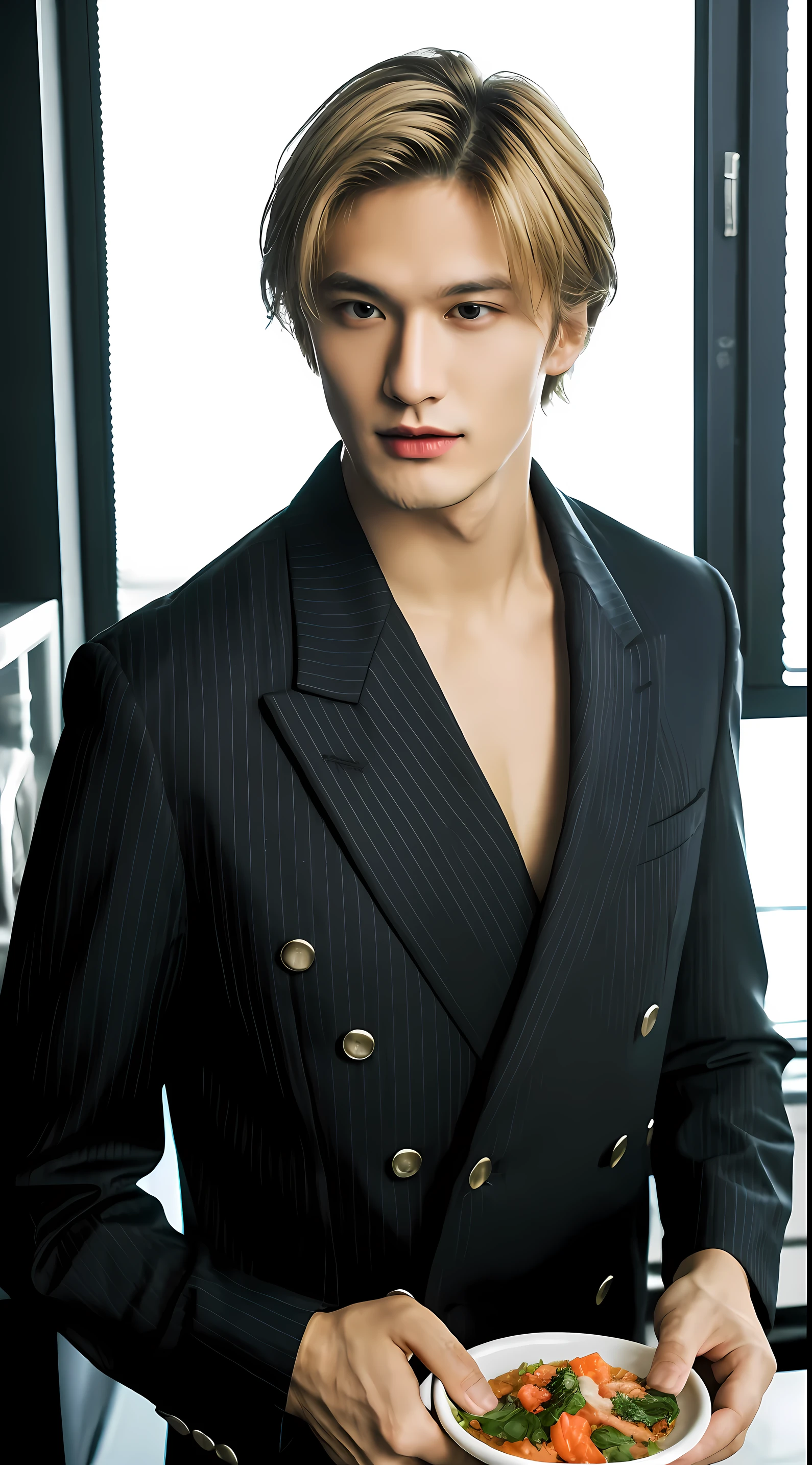 ((best quality)), ((ultra res)), ((photorealistic)), (intricate details), 21 year old man, perfect face, light on face, face detail, in kitchen , blonde wavy short hair, One man , Vinsmoke Sanji from the anime One Piece by Eichiro Oda , tall , slender man , long-legged , Grey-blue eyes , Attractive , has curly eyebrows , Strong jawline , Pointed nose , ((wears a black, double-breasted suit with a tie and a long-sleeved, buttoned shirt black with or without pinstripes)) , sports a dark goatee, and stubble on upper lip , hair cover one side of his face , one man , masculine, realistic, best quality , fair skin , handsome man , smirks , cooking , ultra high resolution , sharp look , small waist , eye detailed