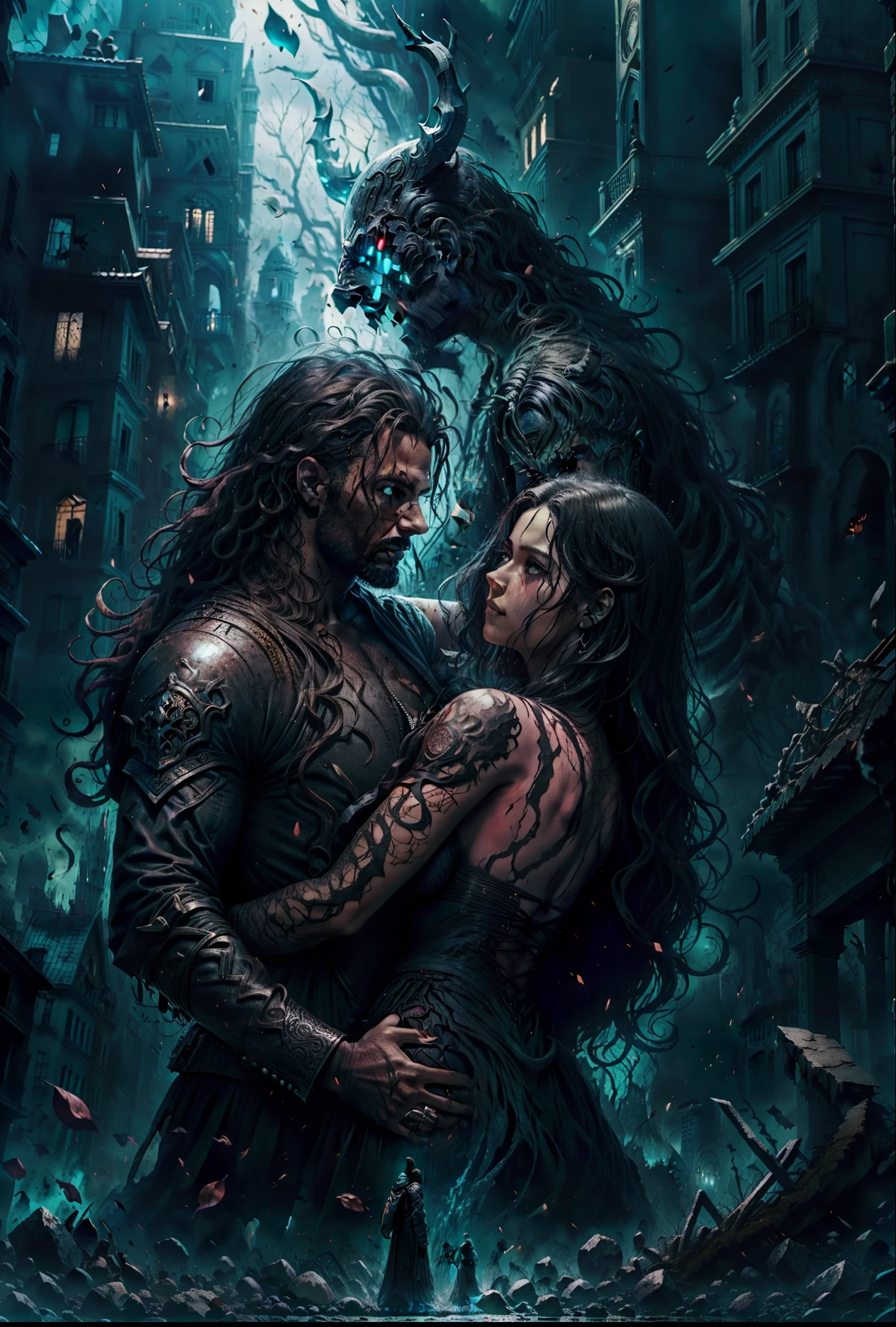 In main focus a couple embracing, ambos, a mulher e o homem olhando apaixonadamente um para o outro e abaixo deles a cena de uma cidade devastada, Dark and destroyed, com pessoas guerreando com criaturas de trevas, Dark and romantic fantasy book cover, magia, tons de vermelho