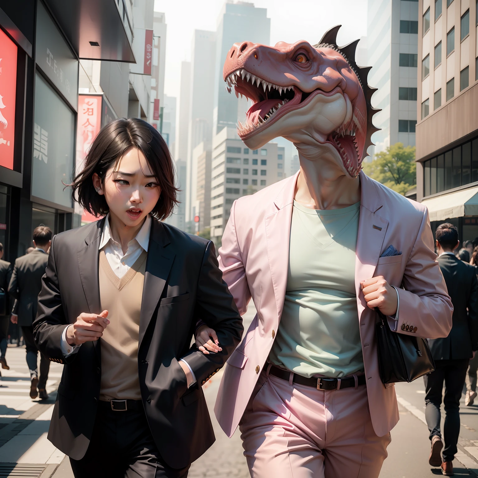 The face is a Tyrannosaurus。Big mouth open。The body is dressed in a pastel suit.。Walking through the cityscape。