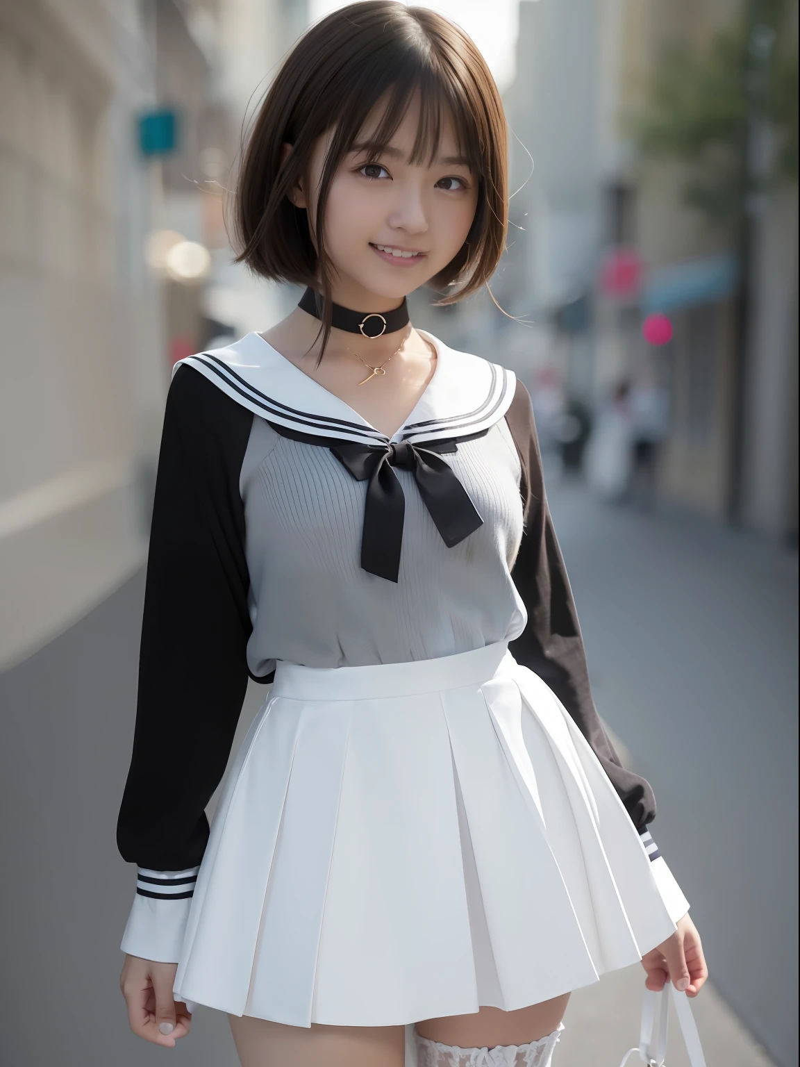(masuter piece:1.3)、(top-quality:1.4)、超A high resolution、(eye detailed)、(facial features details)、(The specifics of the features of clothing)、HDR、8K分辨率、solofocus、bangss、skintight、(shinny skin) )、(Slender Girl)、Dreamy、(Extremely detailed illustration)、Check Commentary、Commentary Request、landscapes、No letters、VirtualGirl-Rin、happy、a smile、(small tits)、bangss、bobhair、short-hair、Brown hair、brown-eyed、Black choker、1 female、pupils、hi-school girl、White High School Uniform、a sailor suit、pleatedskirt、stockings、espadrilles、a miniskirt、Happy smile