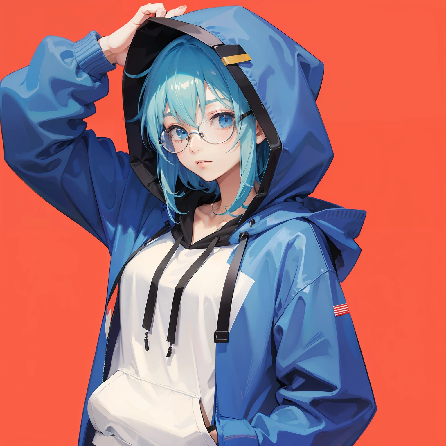 masterpiece, best quality, 1girl, blue hair, medium hair, hoodie, hood up, glasses, jewelry, simple background