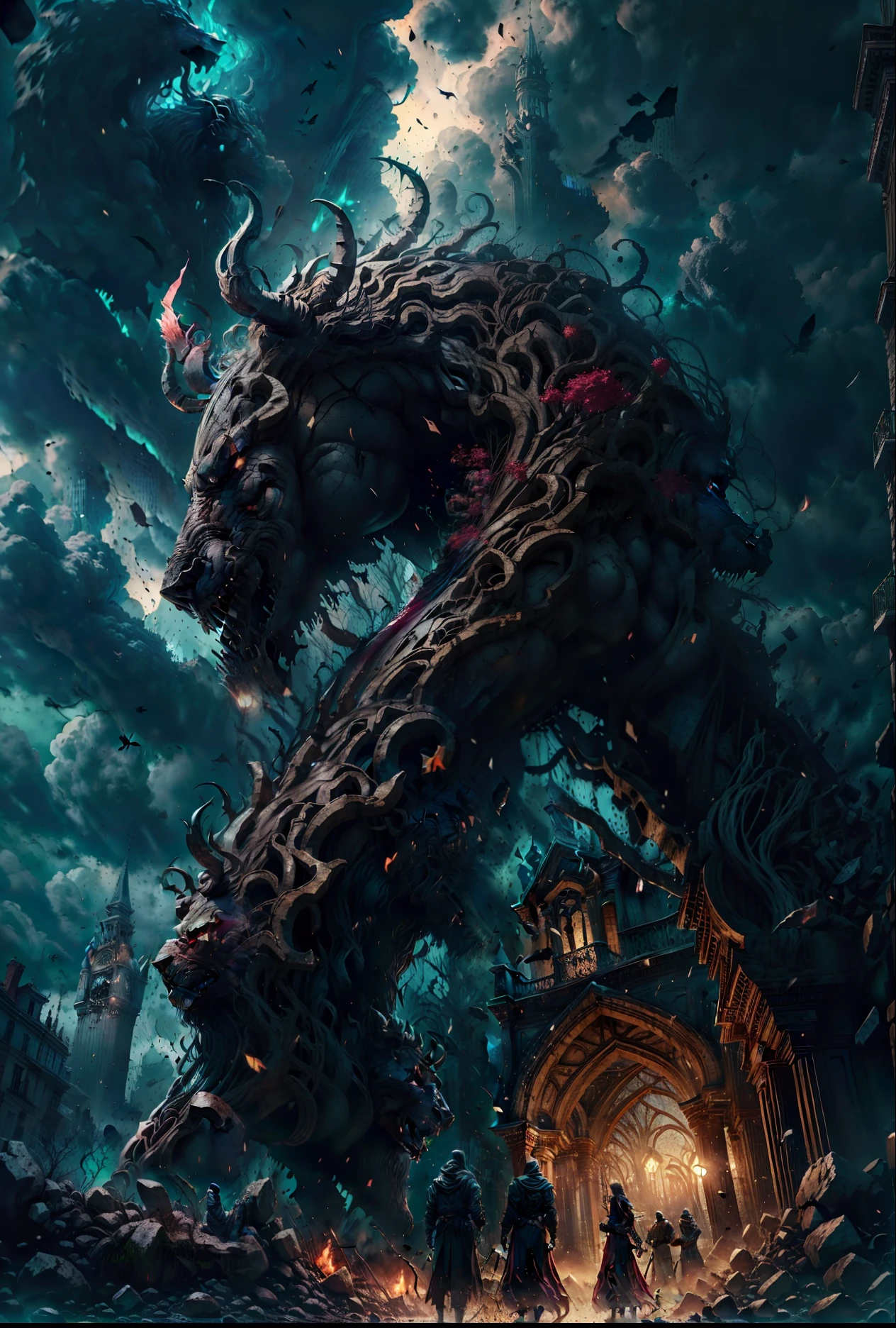 In main focus a couple embracing, ambos, a mulher e o homem olhando apaixonadamente um para o outro e abaixo deles a cena de uma cidade devastada, Dark and destroyed, com pessoas guerreando com criaturas de trevas, Dark and romantic fantasy book cover, magia, tons de vermelho