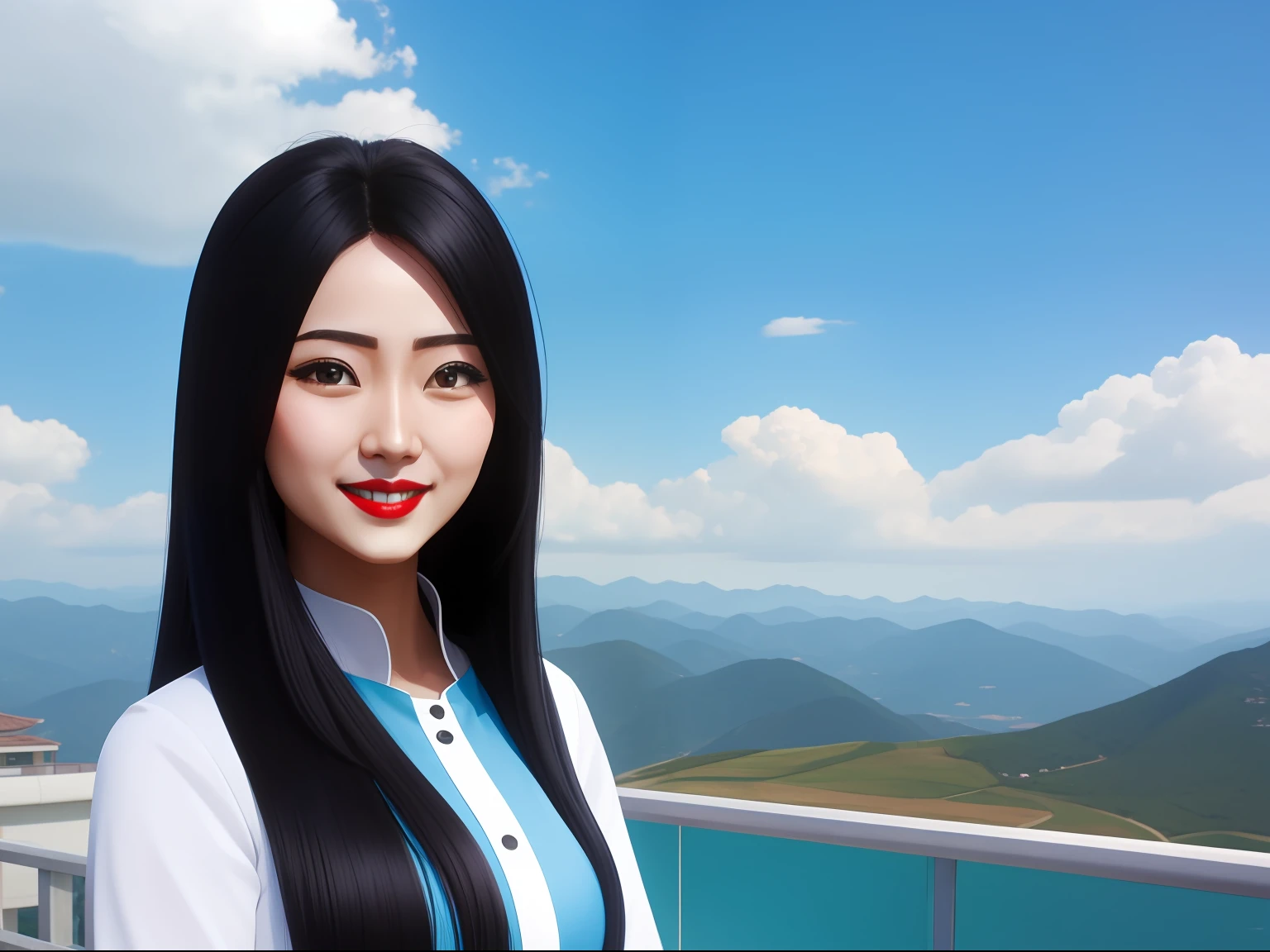 ssmile, freshen, blue-sky, baiyun, long whitr hair, Smooth black hair, Redlip