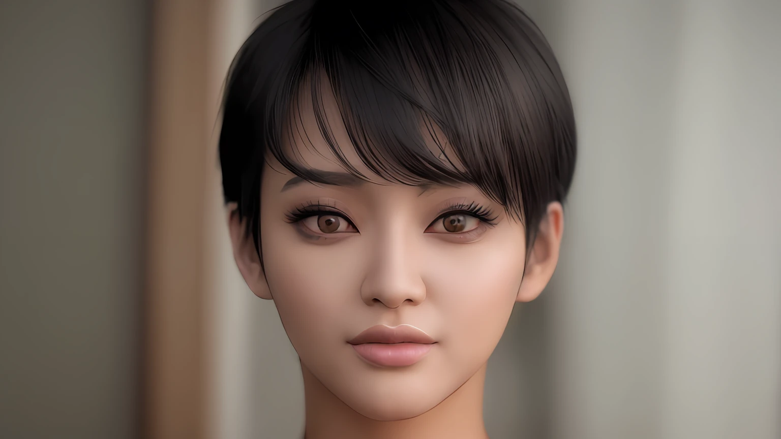 there is a woman with a short black hair and a necklace, with very highly detailed face, ultra realistic face, photorealistic beautiful face, highly detailed realistic face, realistic beautiful face, black hair and large eyes, detailed and realistic face, detailed face of a asian girl, beautiful realistic face, detailed realistic face, realistic and detailed face, realistic detailed face, photorealistic face
