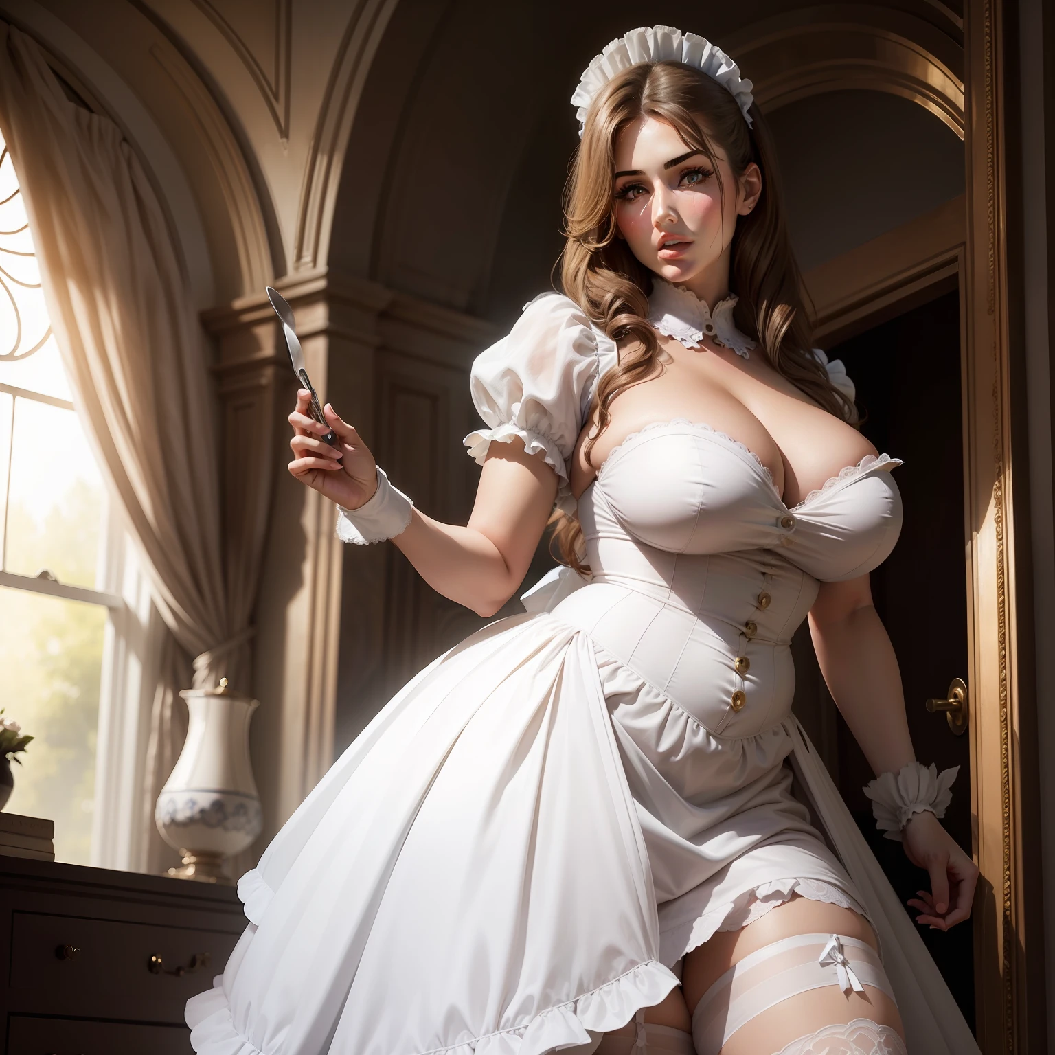 1 beautiful woman, dressed as a maid, modeling, resembling model Lucy Pinder