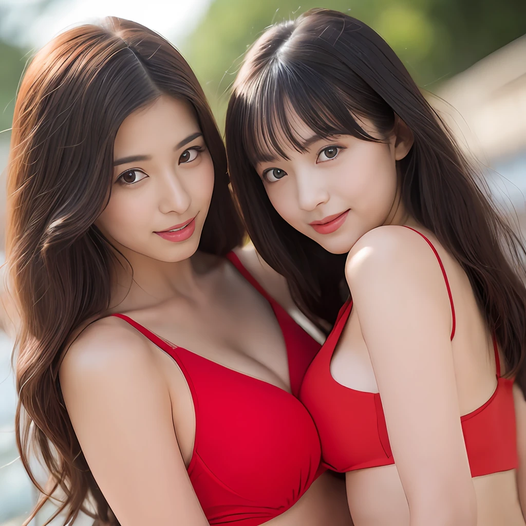 top-quality。８K-Picture。Young gravure idols。Beautiful Women with Perfect Style。Slim but medium breasts。The attractiveness of the gap。Slim abs。dark brown  hair。(Colossal tits：1.4)。kawaii eyes。Double eyelids。Long, Wavy hair。Very delicate face。Perfect style。Shooting in a red swimsuit。(The fate of gravure idols、Colossal tits：1.4)。Subtle smile or shyness。
