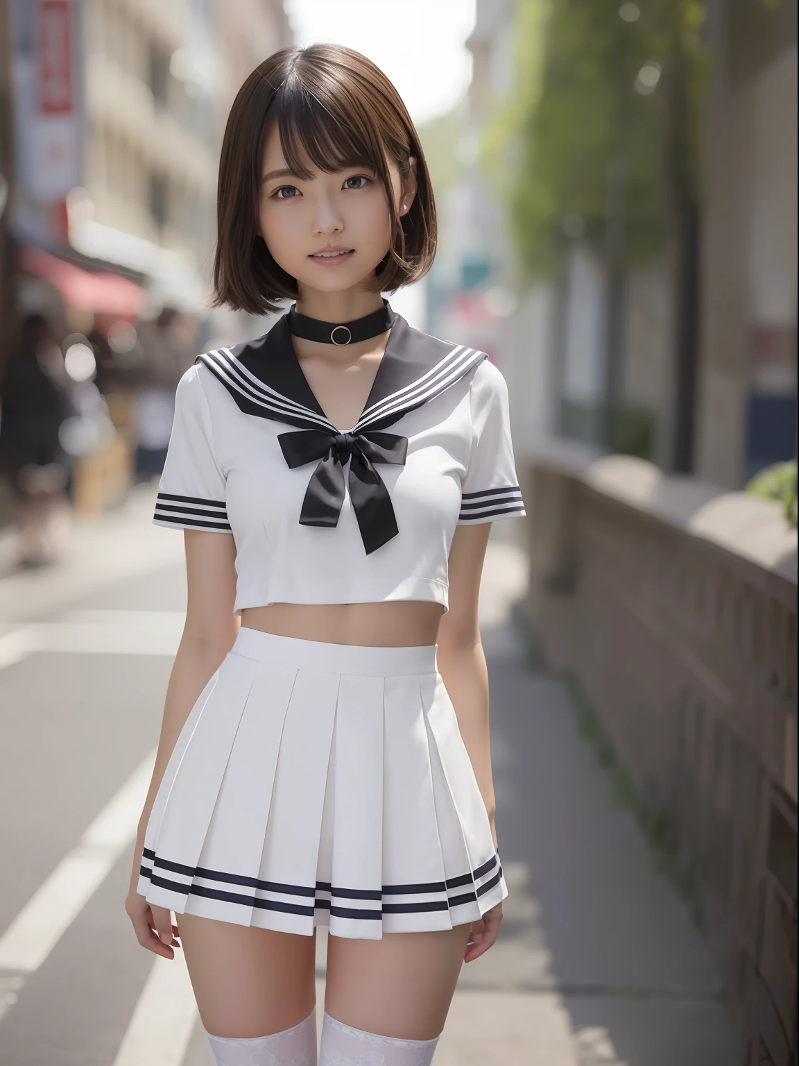 (masuter piece:1.3)、(top-quality:1.4)、超A high resolution、(eye detailed)、(facial features details)、(The specifics of the features of clothing)、nffsw、8K分辨率、solofocus、bangss、skintight、(shinny skin) )、(Slender girl)、Dreamy、(Extremely detailed illustration)、Check Commentary、Commentary Request、landscapes、No letters、Happy、Beautiful breasts、(small tits)、bangss、bobhair、short-hair、Brown hair、Brown-eyed、Black Choker、1 female、Pupils、hi-school girl、White High School Uniform、a sailor suit、pleatedskirt、Stockings、espadrilles、a miniskirt、Happy smile