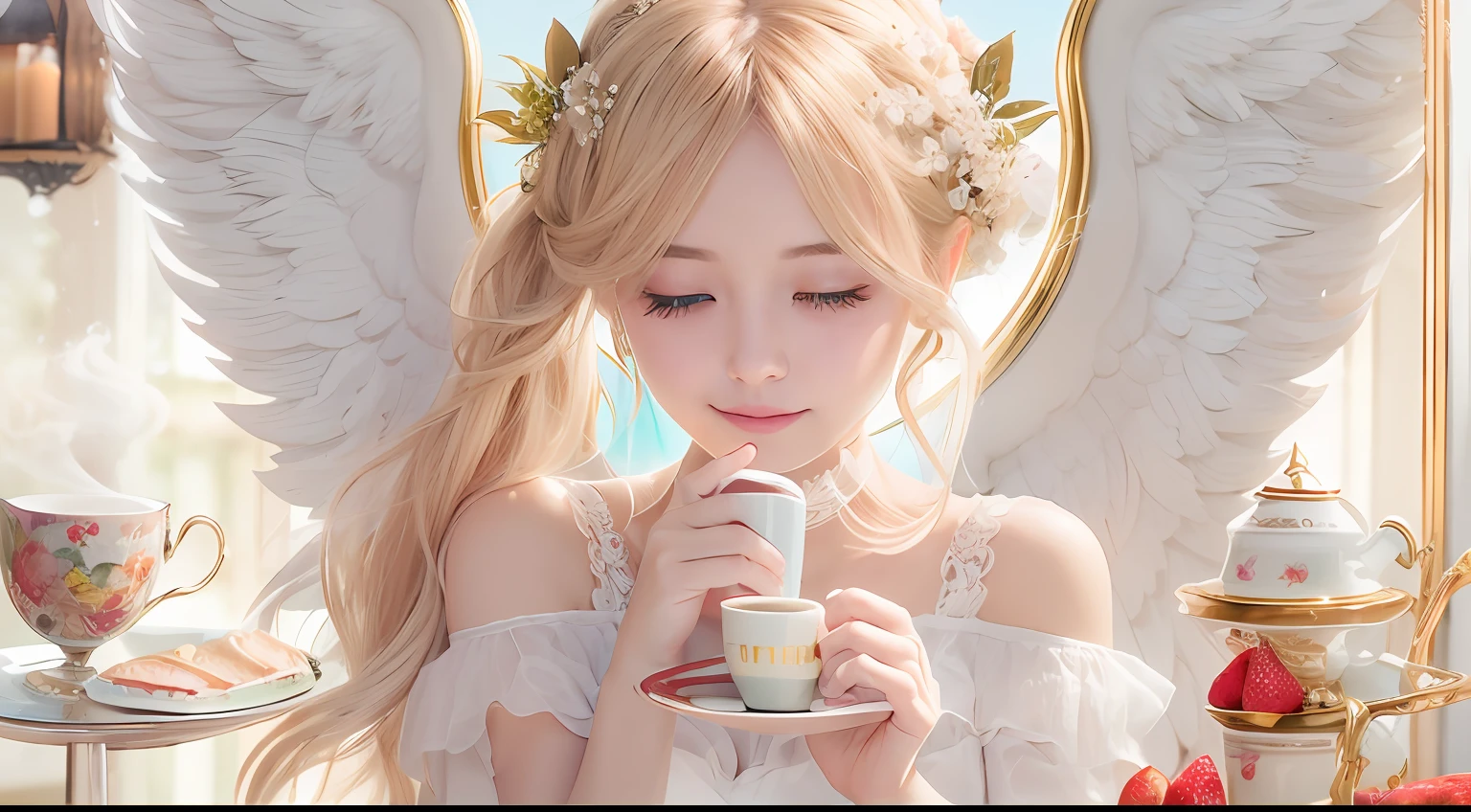 photoRealstic、Drawing of a girl with angel wings、Beautiful Angel Girl、Close one eye、Luxurious rooms in the coffee shop、Strawberry Shortcake and Coffee Set
