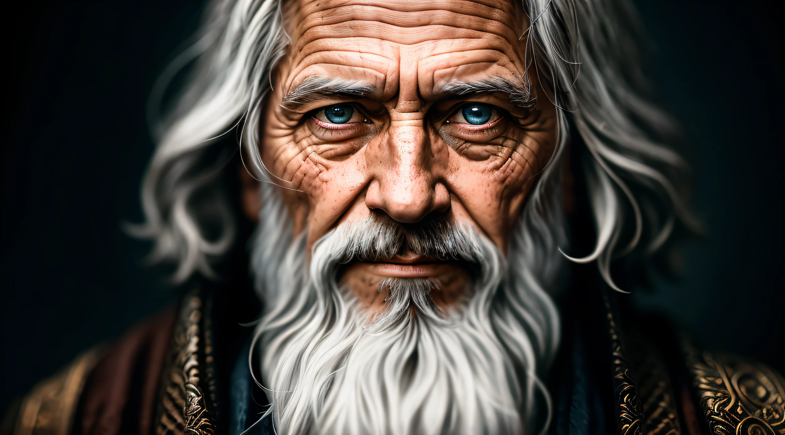 A portrait of a wizard, bearded, wrinkled, weathered, with piercing eyes, detailed face, high details, photography, dark studio, rim light, Nikon D850, 50mm, f/1.4