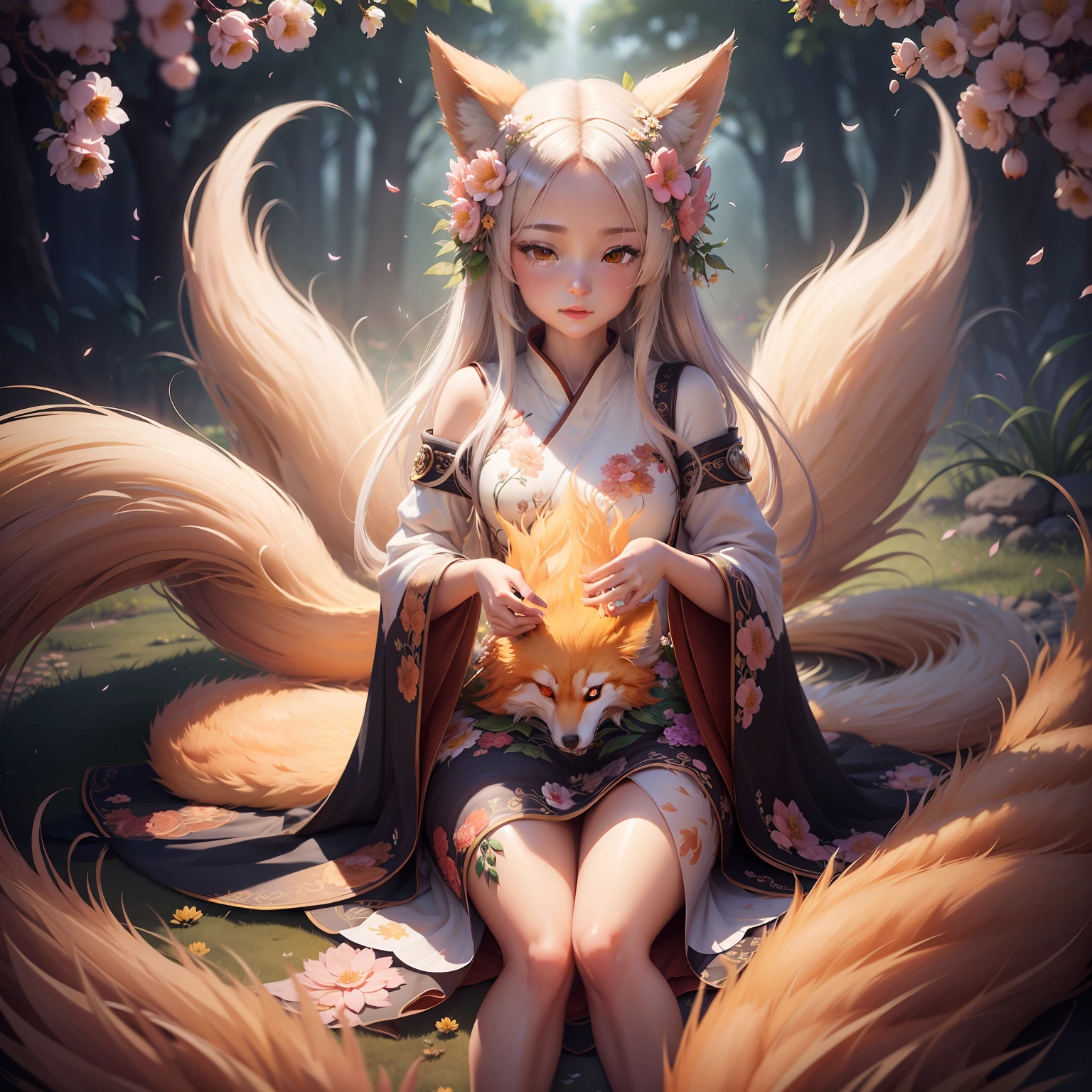 In this ultra-detailed CG art,The adorable nine-tailed fox is surrounded by ethereal flowers,Best quality at best,A high resolution,Complicated details,fanciful,cute animal