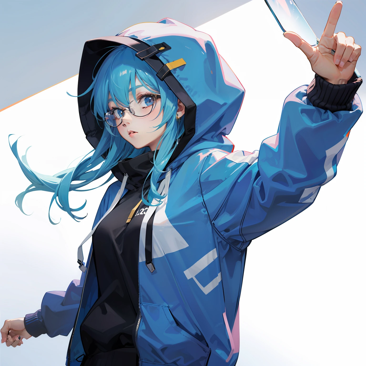 masterpiece, best quality, 1girl, blue hair, medium hair, hoodie, hood up, glasses, jewelry, simple background
