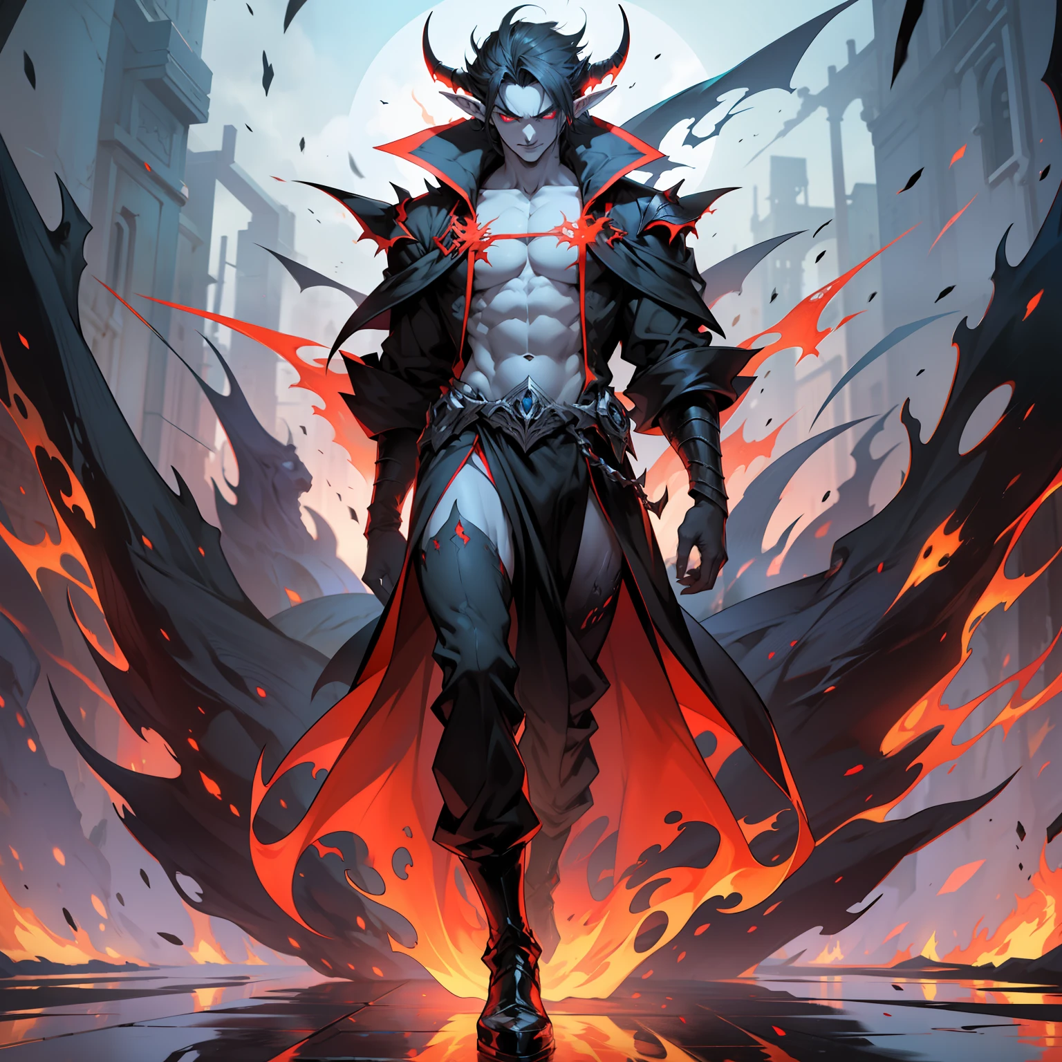 My demon form is no more than a reflection of my personality in mortal form. It is tall, lanky and lean, with pointed ears, long limbs, and sharp features. My skin is pale and smooth, devoid of much of the texture or color found in humans. I wear simple, black robes that blend into the shadows, concealing as much of me as possible. My eyes are red and menacing, with flames burning within them. Male, bara
