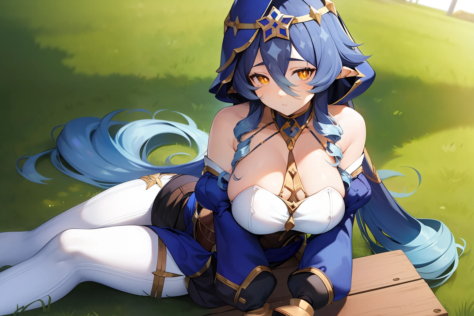 (masterpiece), best quality, expressive eyes, perfect face, w sitting,w sitting on ground, legs on ground, big breast, good breast,laylarnd,layladef, both arms between legs