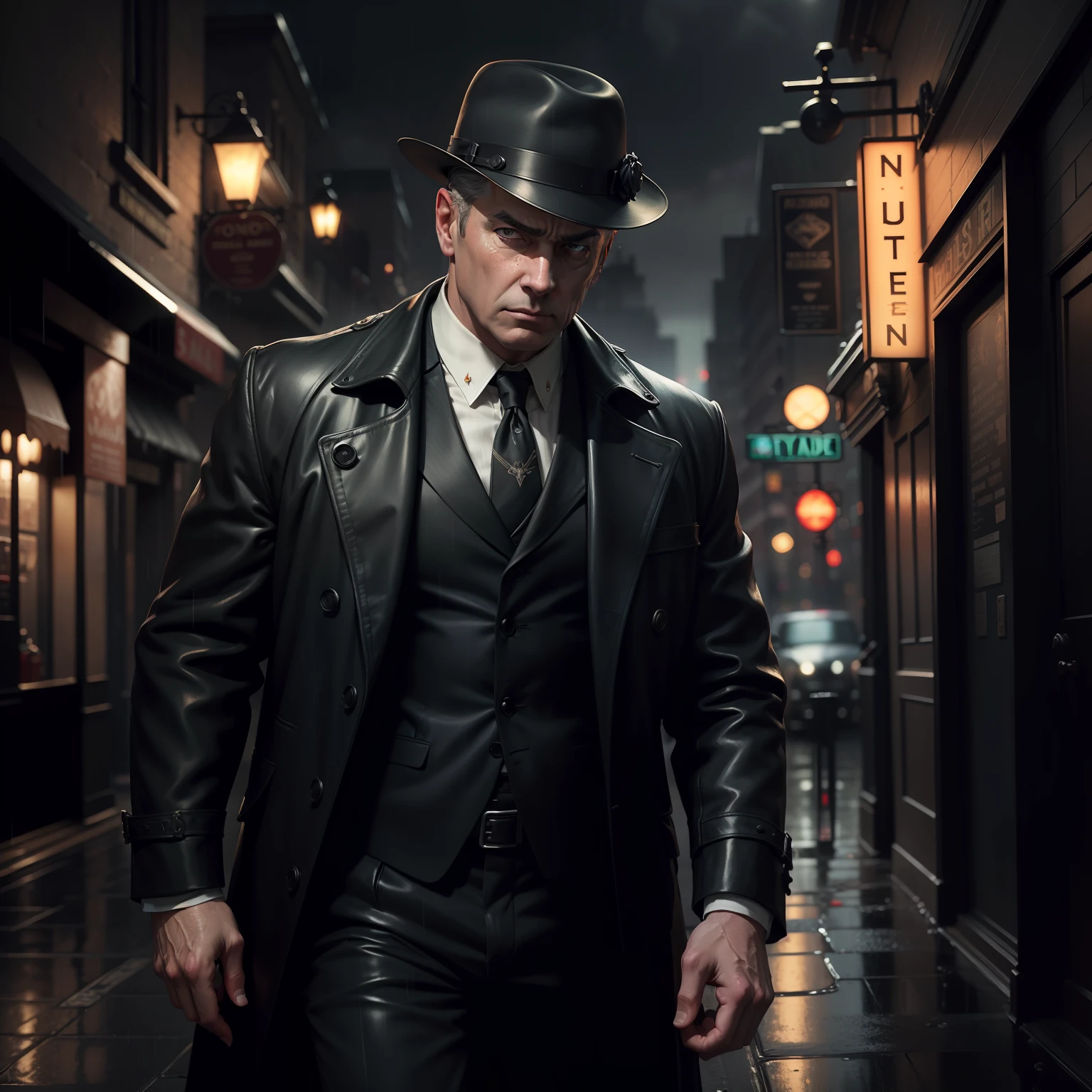 (masterpiece, best quality: 1.2), ultra-detailed face, (muted colors: 1.2, dark studio, rim lighting, two-tone lighting, poorly lit, discreet, ), ((heavy rain weather)), long leather raincoat,
 a poster for a 1930s \(style\), noir detective film, (noir atmosphere: 1), dark atmosphere, night town street, emphasis on noir colors,
New York in the 1930s, and Detective Jack Sullivan had just returned to his office after a long day banging on the pavement, trying to solve the last case that had been thrown in his way. It was hard, and he wasn't any closer to finding his assailant than when he started.
trend in ArtStation, trend in CGSociety, Intricate, High Detail, dramatic painting art, photorealistic by midjourney and greg rutkowski,