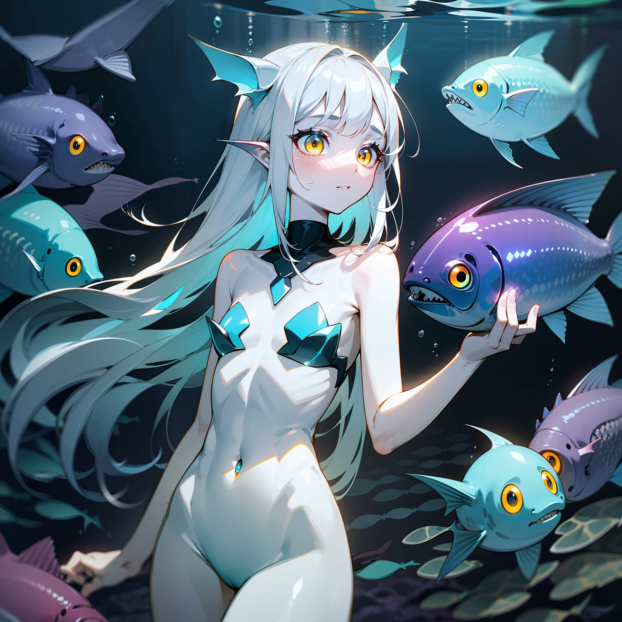 young girl, (((slim body))), ((slender body)), (((flat chest))), slim waist, (((deep sea))), (((darkness))), ((dark background)), (((underwater))), (((deep sea fish in the background))), ((anglerfish)), (sharks), (((bioluminescence))), (glowing white eyes), ((silver white eyes)), white hair, (((white-skinned))), ((shiny skin)), ((glowing speckles on skin)), (big eyes), (pointy ears), deep sea monster, fins, spikes