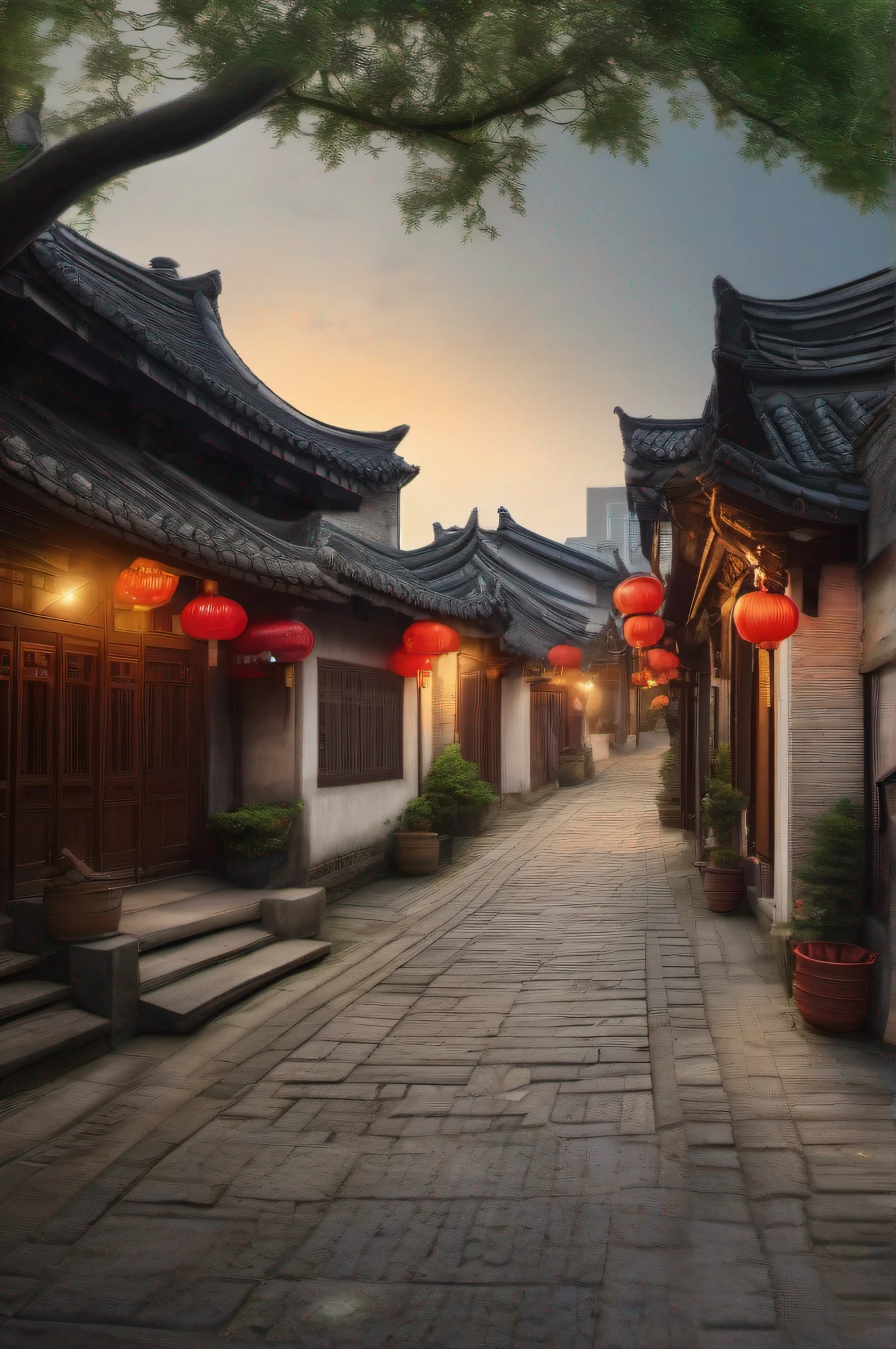The evening alley of Jiangnan Ancient Town,Stone pavement,High definition,tmasterpiece