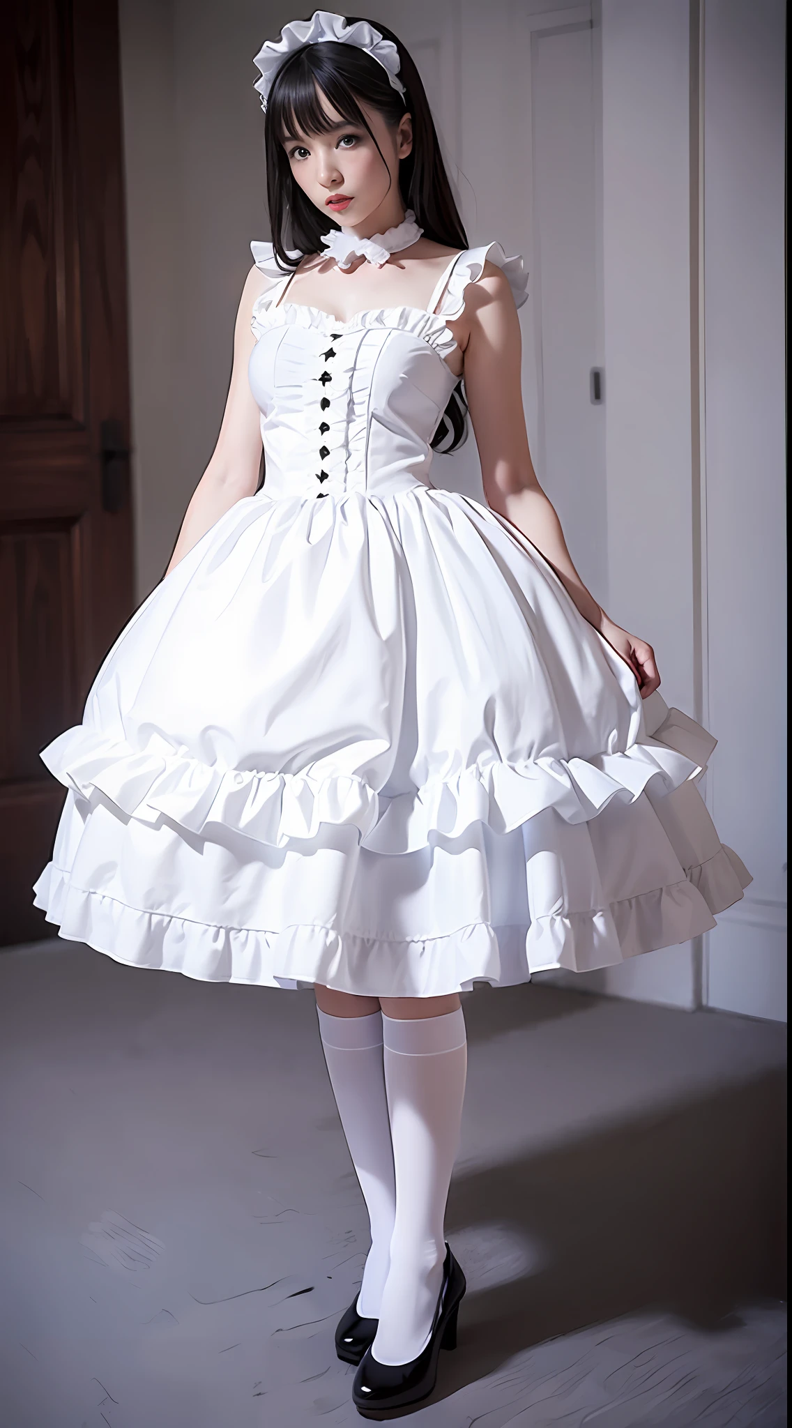 Adult woman in white dress and black shoes posing for photo, Full body!!, maid dress, Lolita style white one-piece dress, angelic pretty, A dark-haired、pale-blue、White ruffled socks